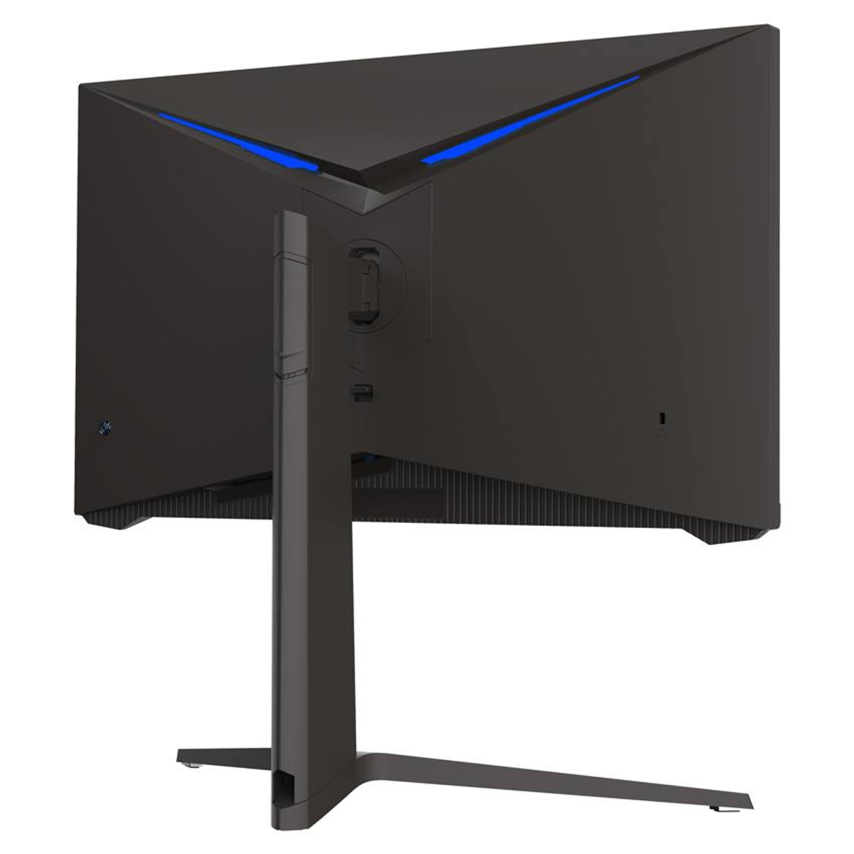 Rückseite eines schwarzen Monitors mit blauen Lichtern oben und einem silbernen Ständer.