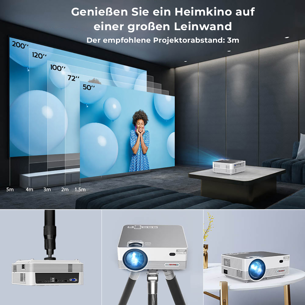 Ein Heimkino-Setup mit Projektor, Bildschirmgrößen und einer Frau, die einen Film ansieht.