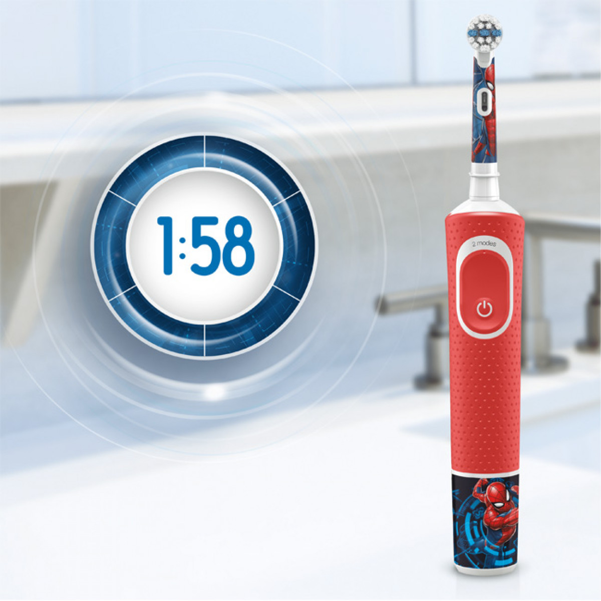Spazzolino di Spider-Man rosso e blu con timer, su superficie bianca.