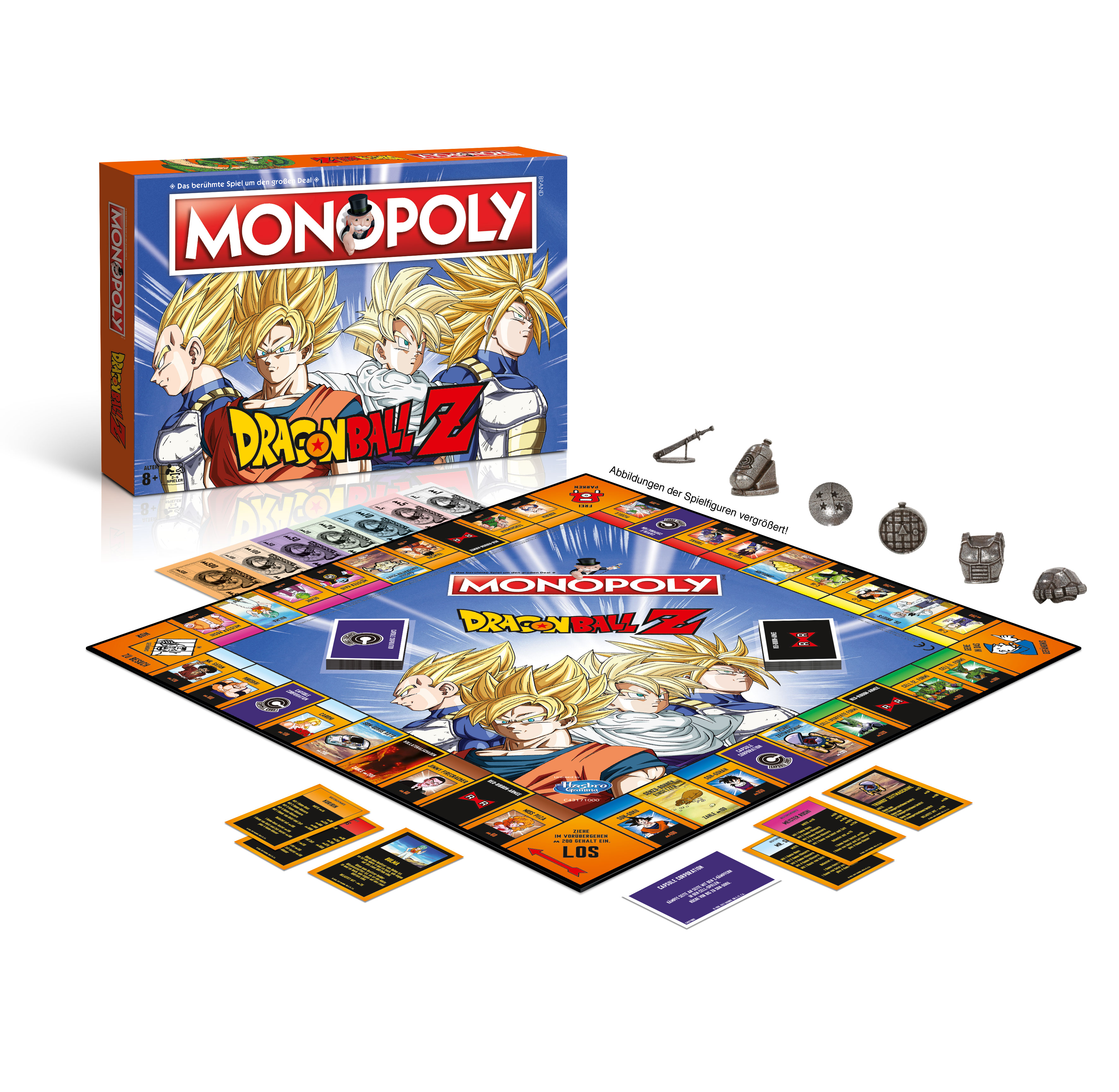 Monopoly Dragon Ball Z Brettspiel. Box, Spielbrett, Karten und Spielsteine werden gezeigt.