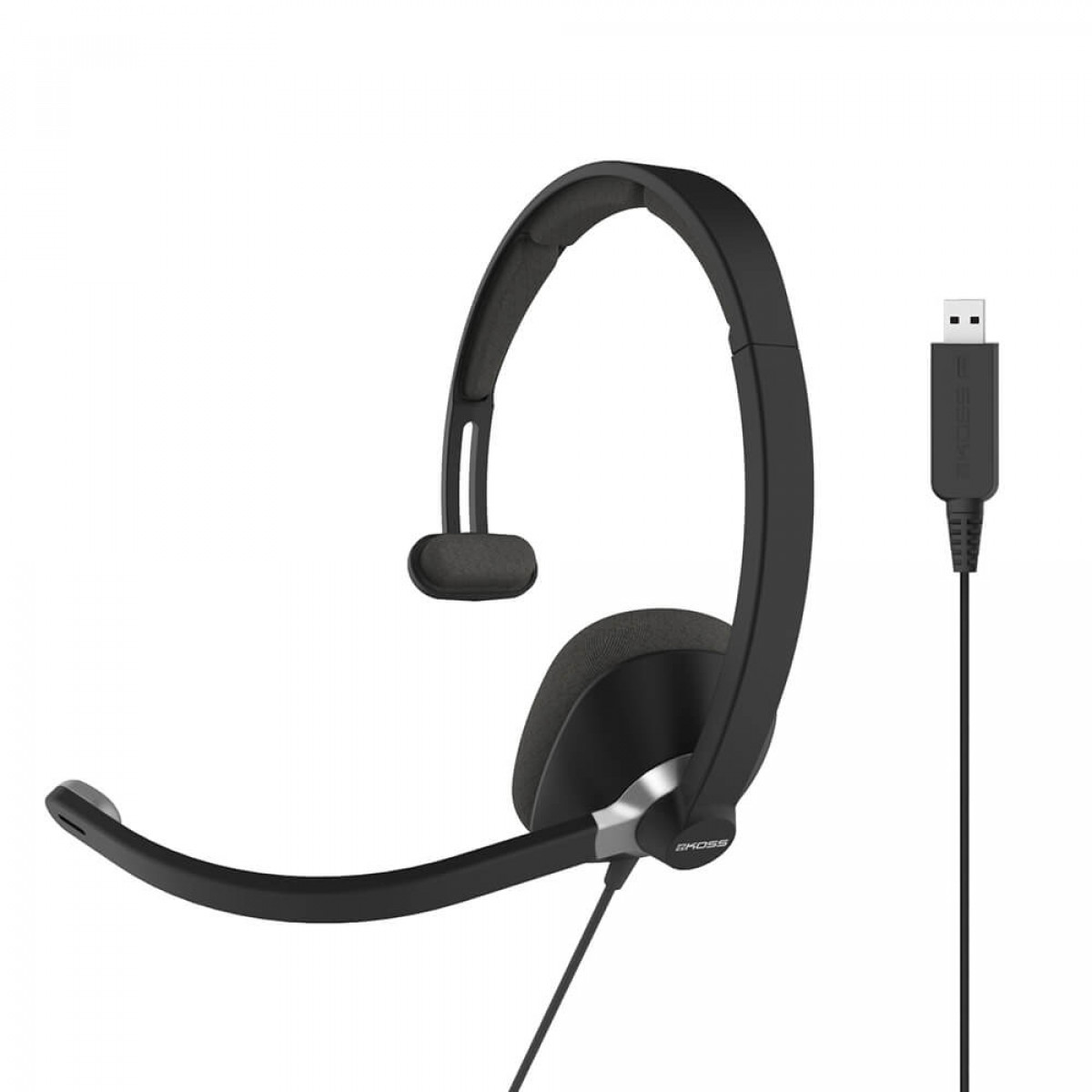 Cuffie nere con microfono e cavo USB. Sfondo bianco.