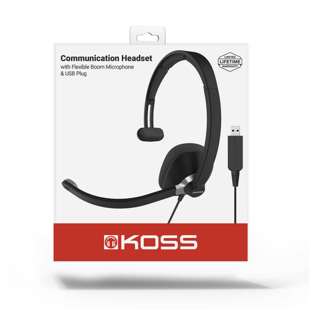 Cuffie in una scatola. Le cuffie hanno un microfono a braccio flessibile e una spina USB. Marca: KOSS.