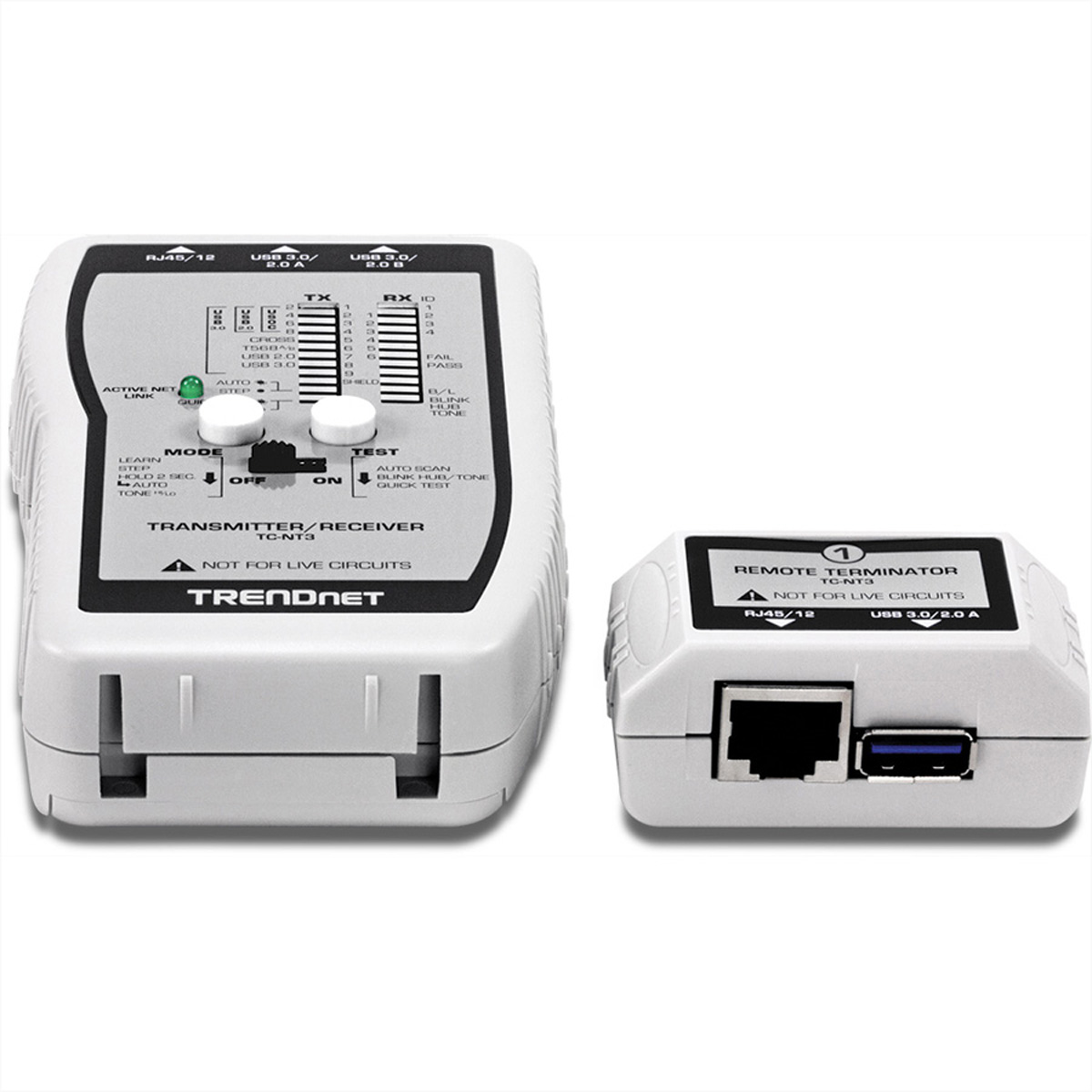 Deux testeurs de réseau Trendnet blancs et gris. L'un a des ports RJ45/12 et USB.