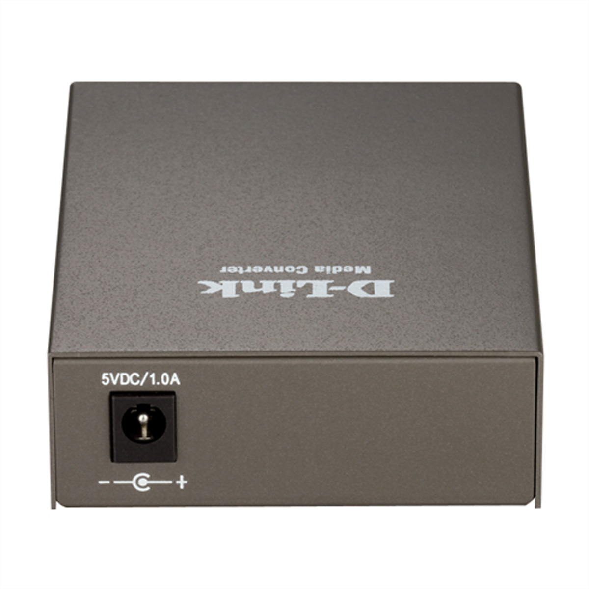 Un convertisseur de média D-Link dans un boîtier gris foncé avec un port d'entrée d'alimentation et l'étiquetage de la marque.