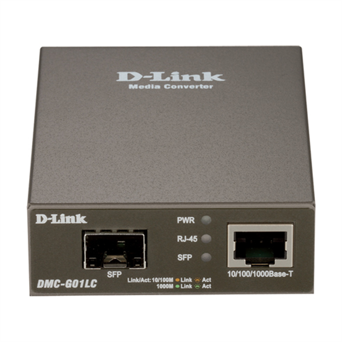 Convertisseur de média D-Link, boîte grise avec ports et lumières étiquetées.