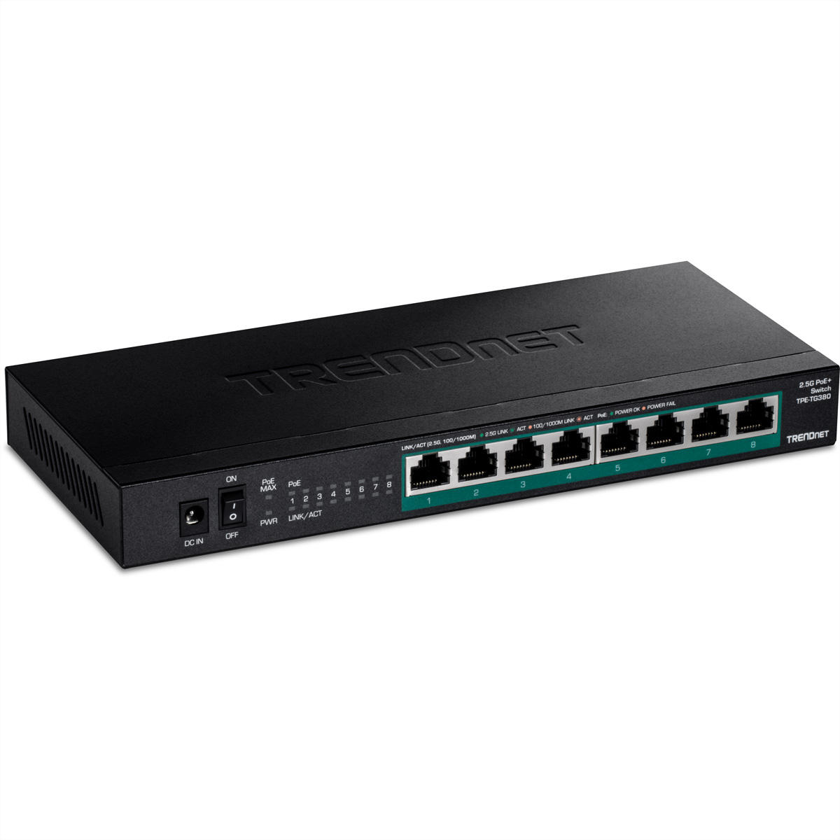 Switch di rete TRENDnet nero con otto porte, numerate da 1 a 8, e vari indicatori.