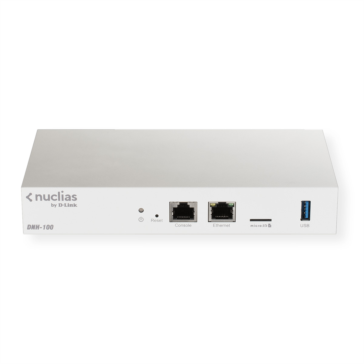 Witte D-Link router met poorten voor reset, console, ethernet, microSD en USB. Tekst: 'nuclias', 'DNH-100'.