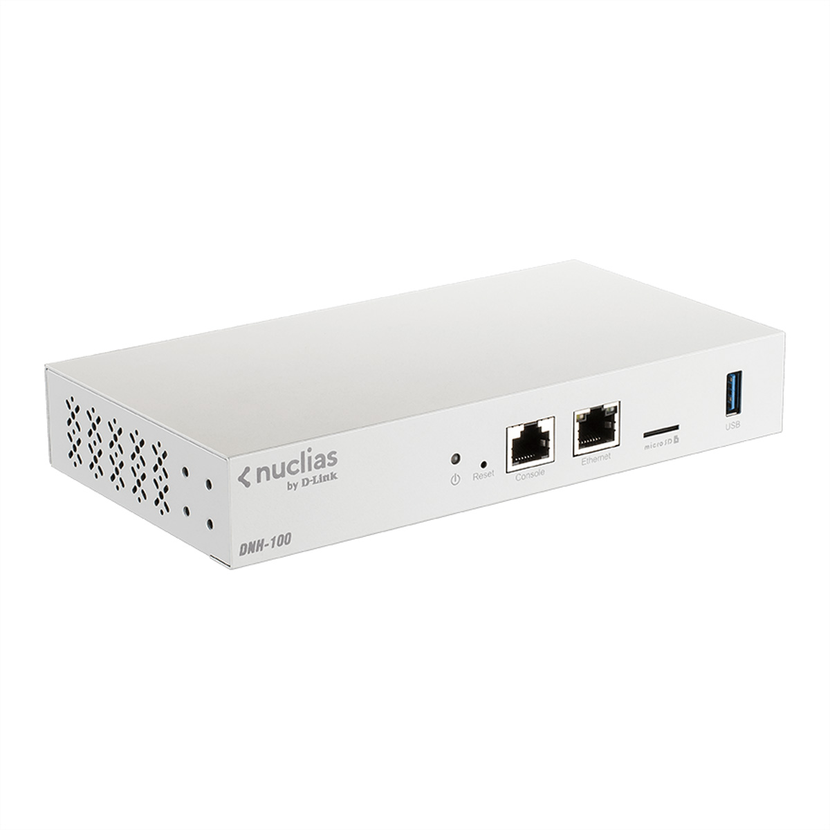 Witte D-Link netwerkapparaat, met poorten en knoppen. Het heeft het Nuclias by D-Link logo.