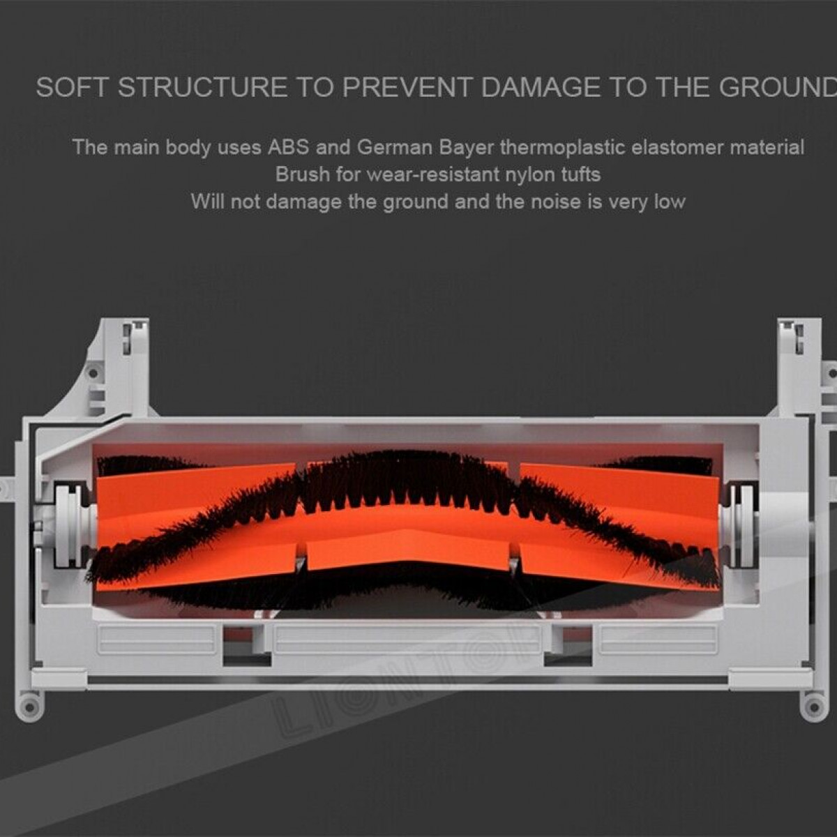 Przekrój szczotki robota odkurzającego, pokazujący pomarańczowe i czarne elementy, z tekstem.