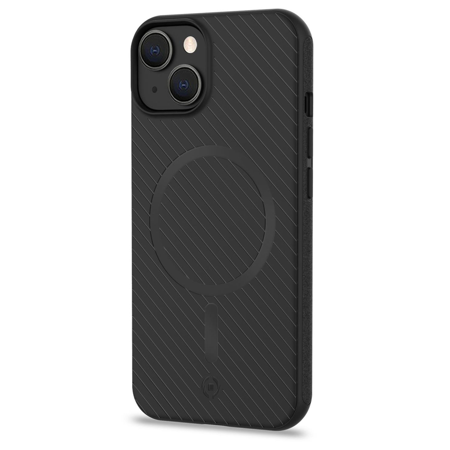 Una custodia per iPhone nera con un motivo a linee diagonali e un punto di attacco magnetico circolare.