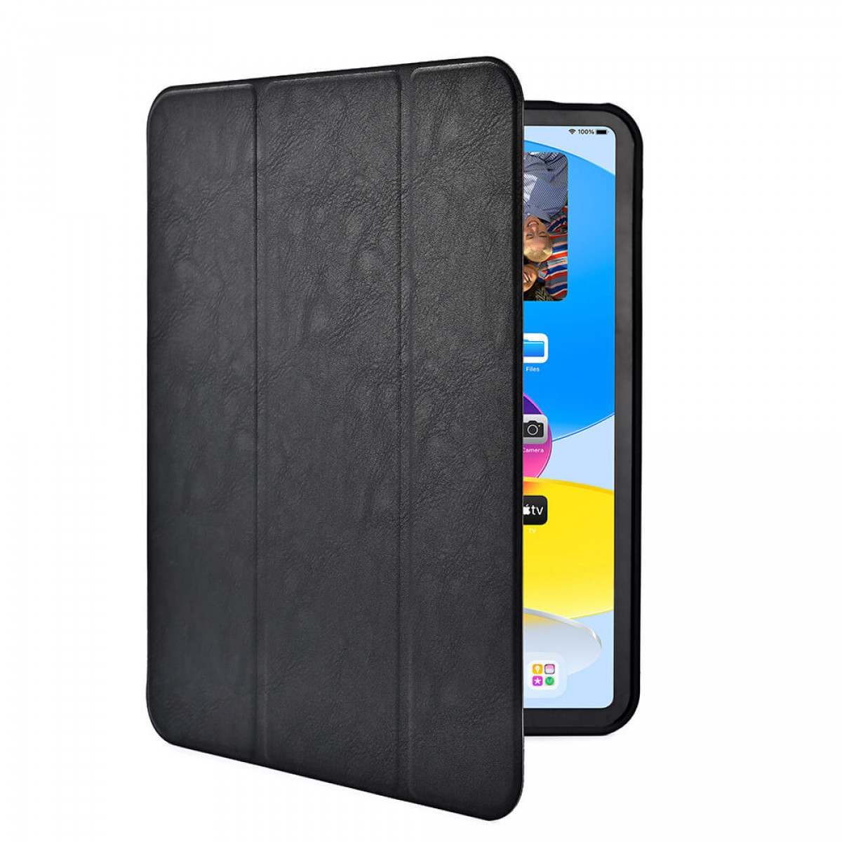 Geöffnete schwarze Tablethülle, die ein Tablet mit aktivem Bildschirm zeigt.