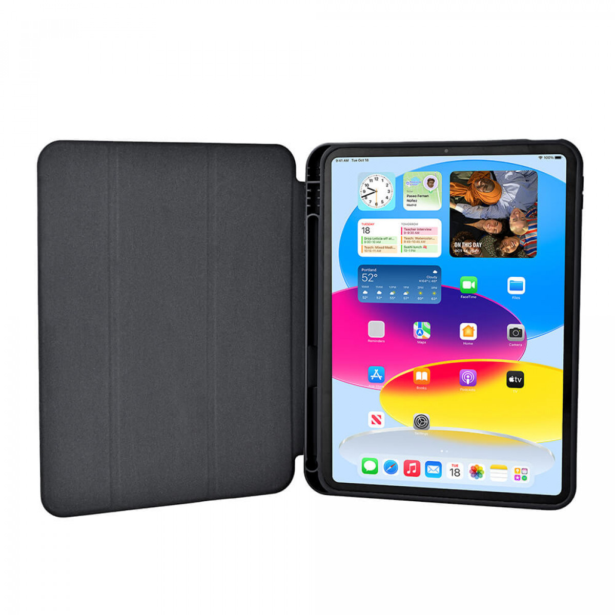Eine offene, dunkelgraue Tablethülle mit einem Tablet, das eine Oberfläche mit Symbolen zeigt.