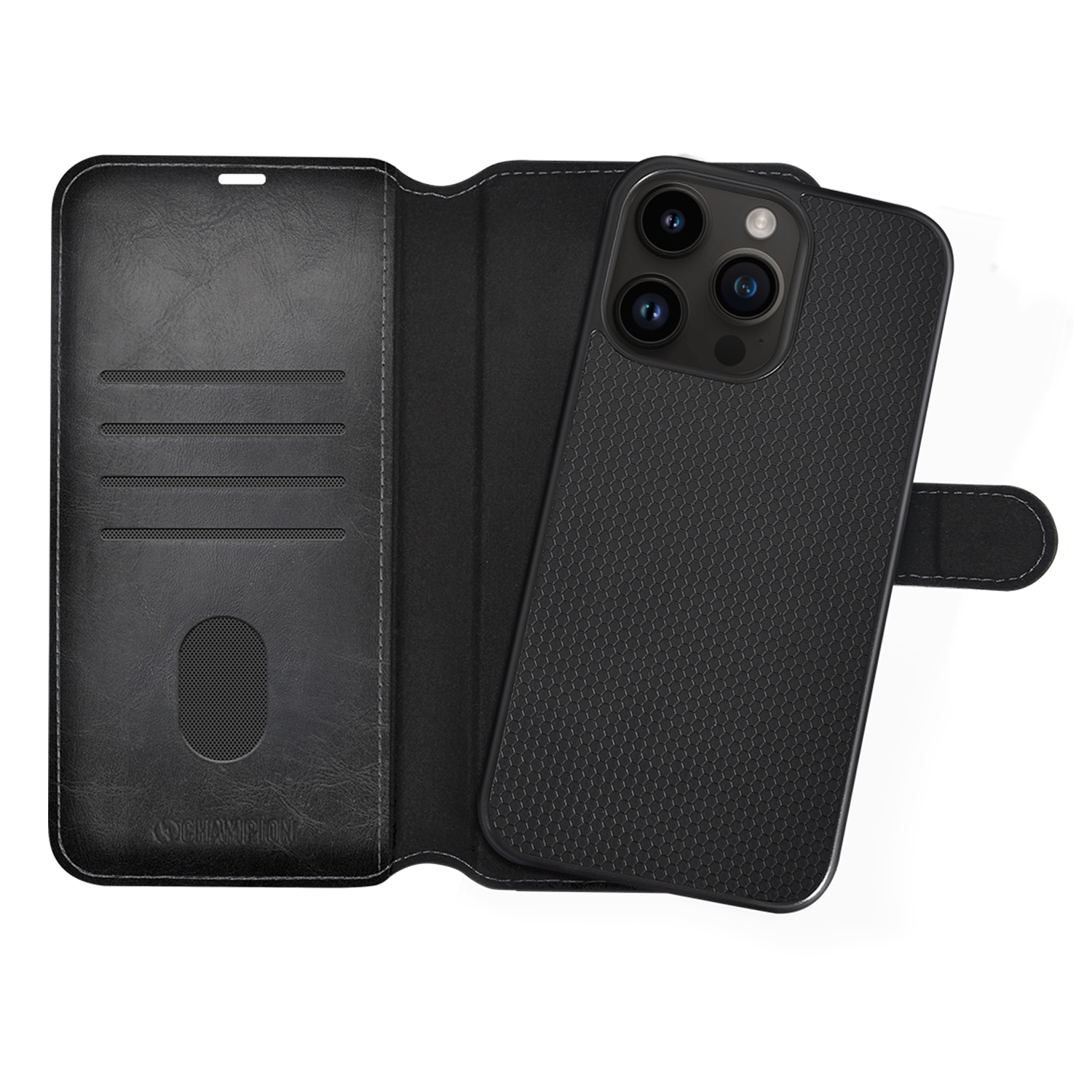 Geöffnete schwarze Handyhülle mit Telefon. Das Telefon hat drei Kameras und eine schwarze, strukturierte Rückseite.