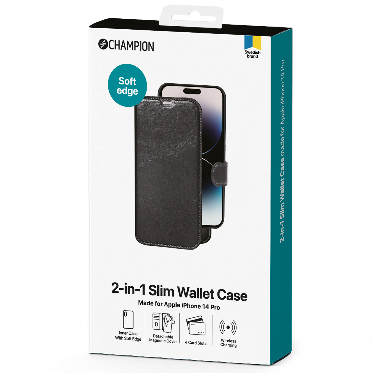2-in-1 schlanke Brieftasche für Apple iPhone 14 Pro. Box zeigt Handyhülle und Funktionen.