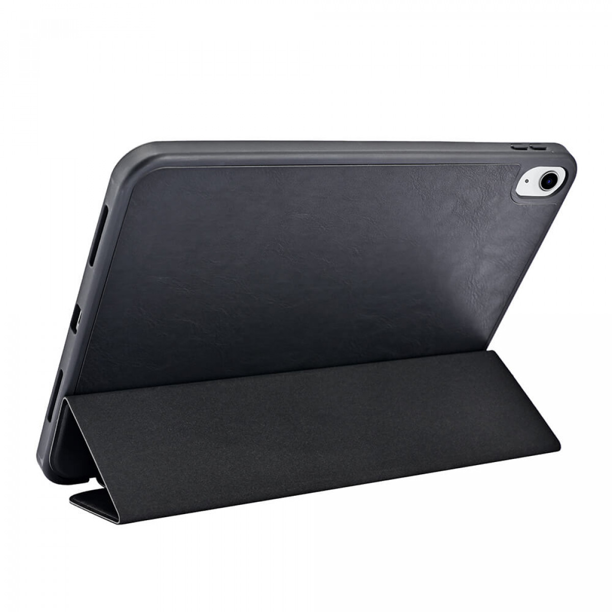 Schwarze Tablethülle in gefalteter Position, zeigt die Rückseite und die Abdeckung.