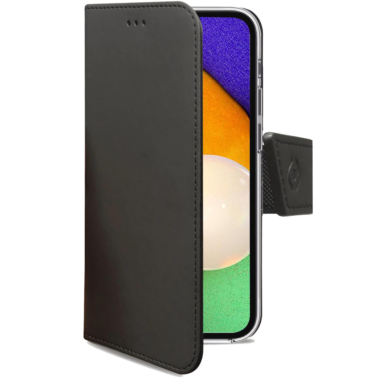 Una custodia nera per telefono è aperta, rivelando un telefono. Il telefono ha un display con sfondo colorato.