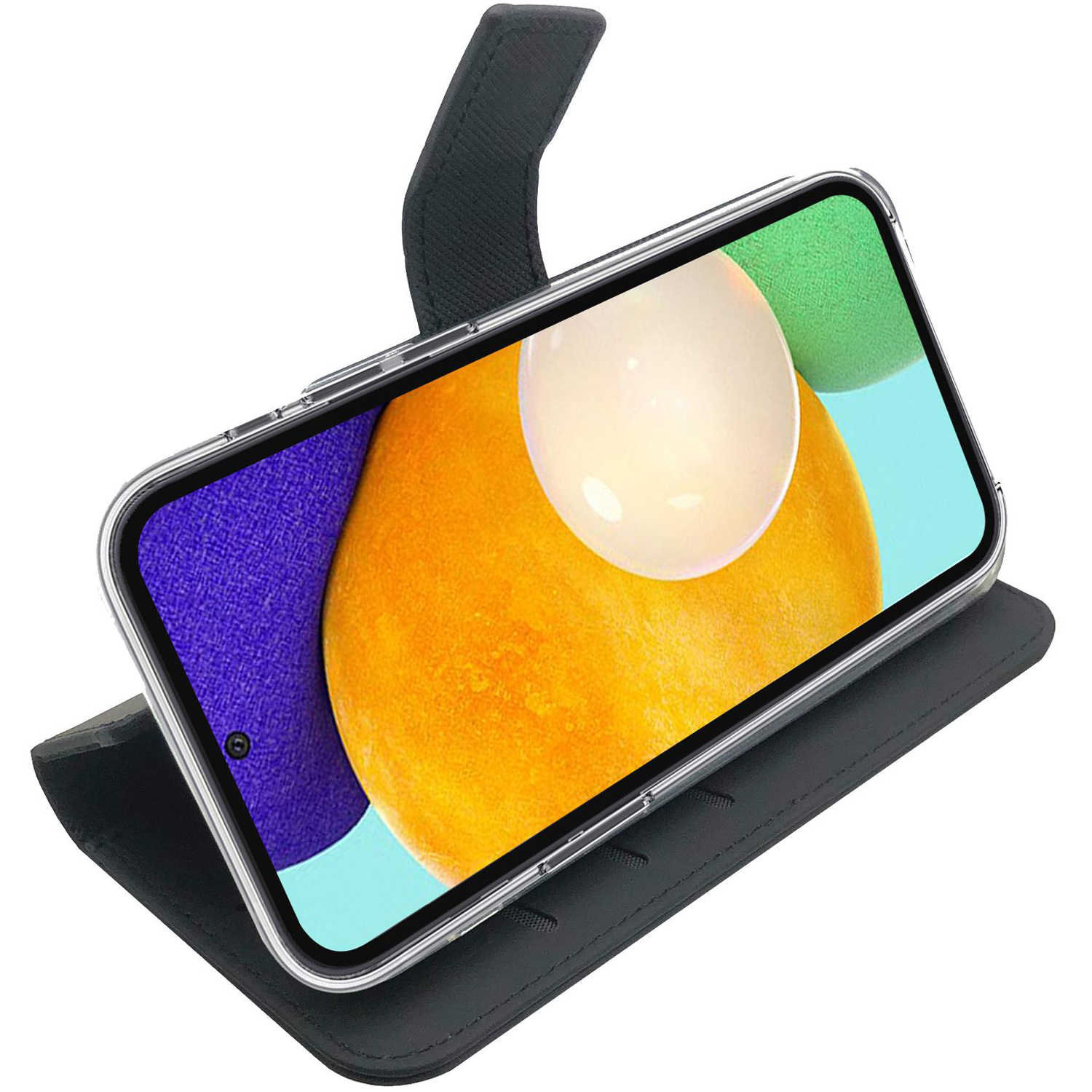 Una custodia nera per telefono con un telefono all'interno. Il telefono mostra uno sfondo colorato.