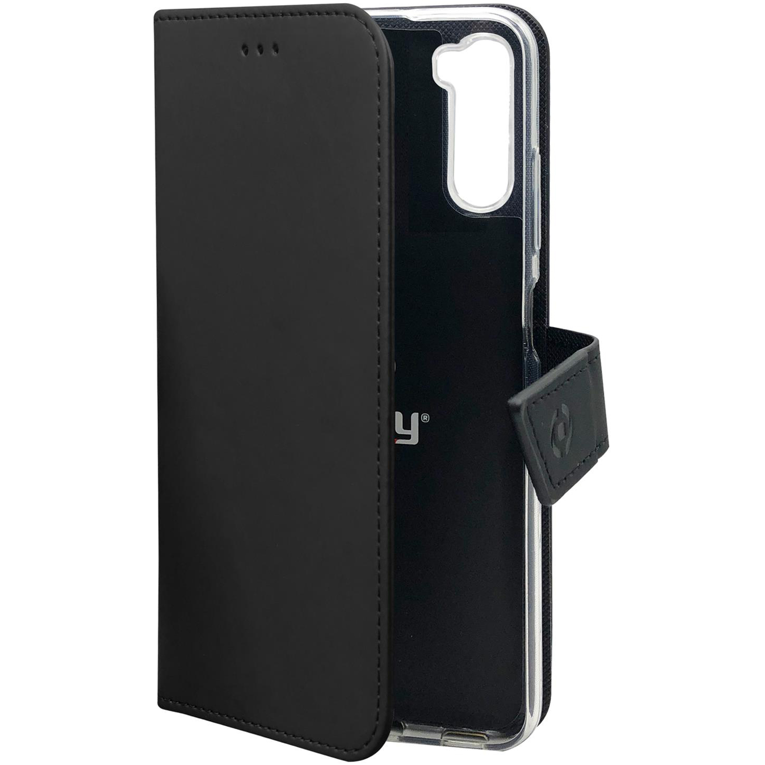 Una custodia per telefono nera, aperta. Dispone di uno slot per schede e una chiusura magnetica.