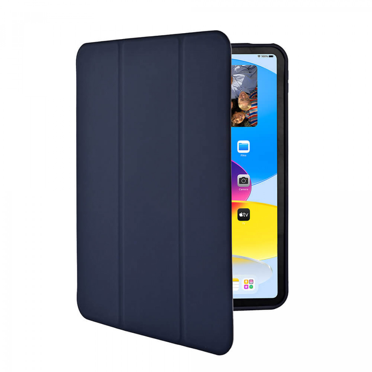 Dunkelblaue Tablethülle mit offenem Tablet, das eine App-Oberfläche zeigt.