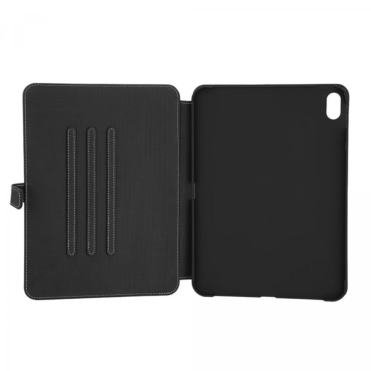 Schwarzes Tablet-Case, offen. Innen befindet sich ein Tablet mit Abdeckung und Steppnähten.