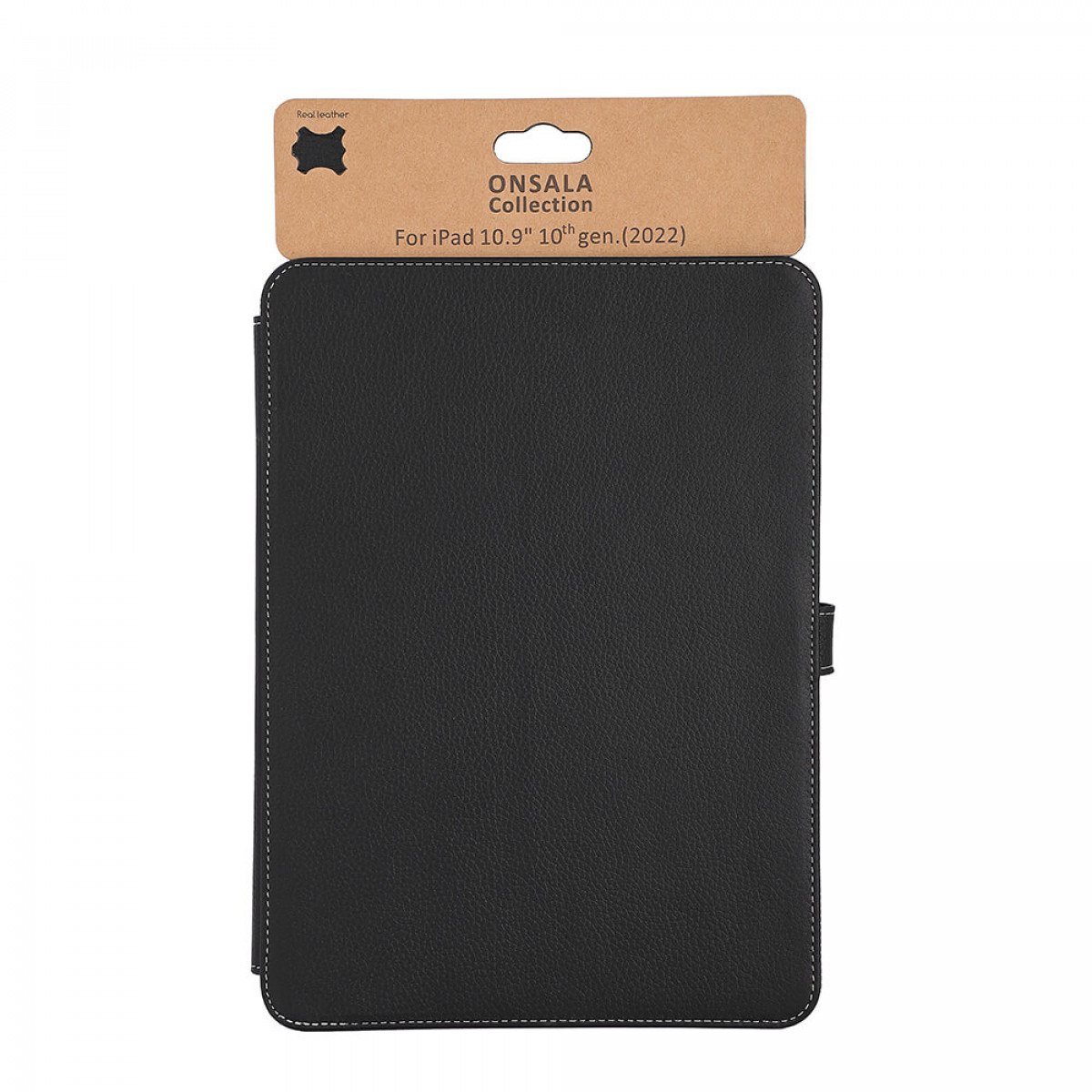 Schwarze iPad-Lederhülle mit braunem Pappanhänger.