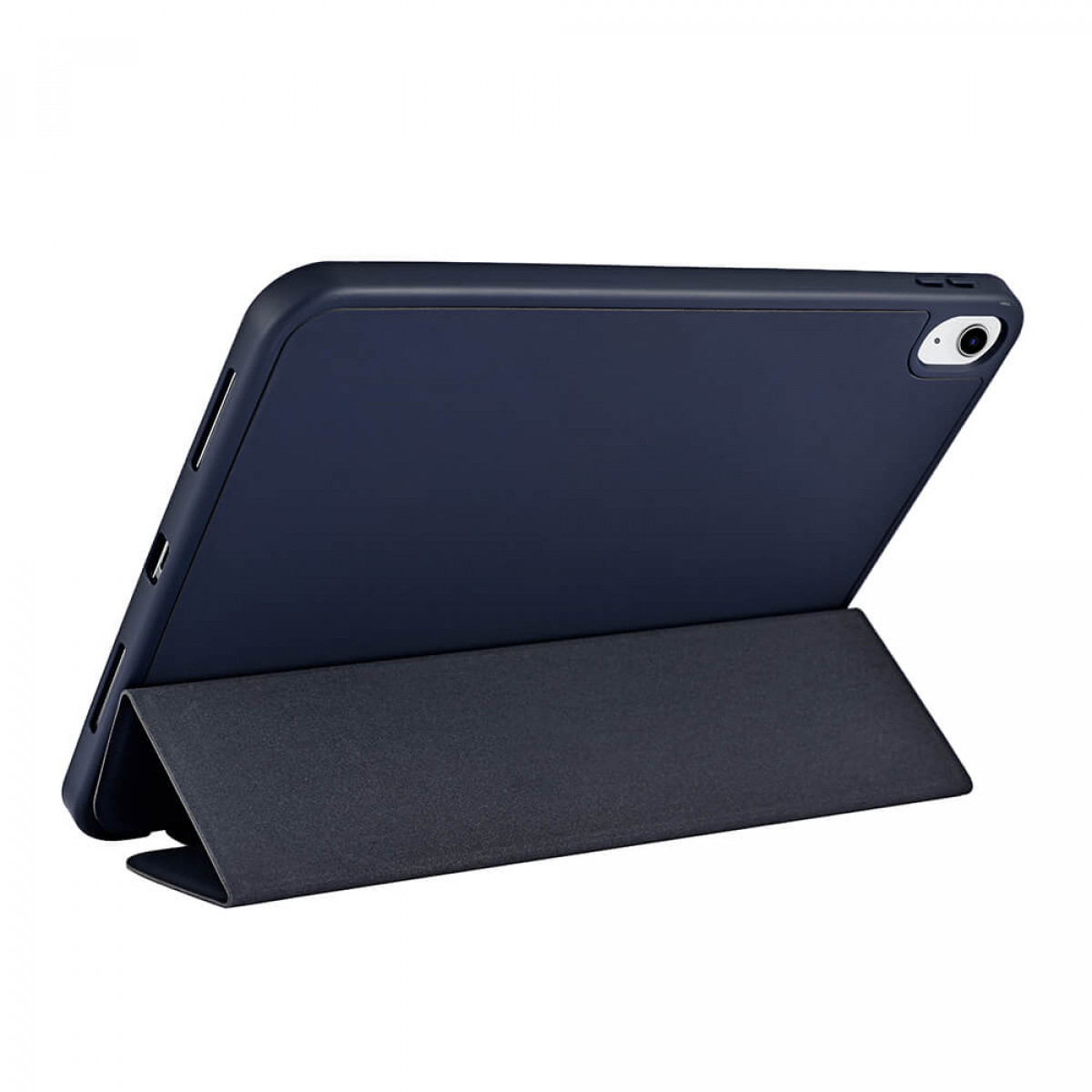 Dunkelblaues Tablet mit gefaltetem Cover. Das Tablet liegt auf einer weißen Oberfläche.