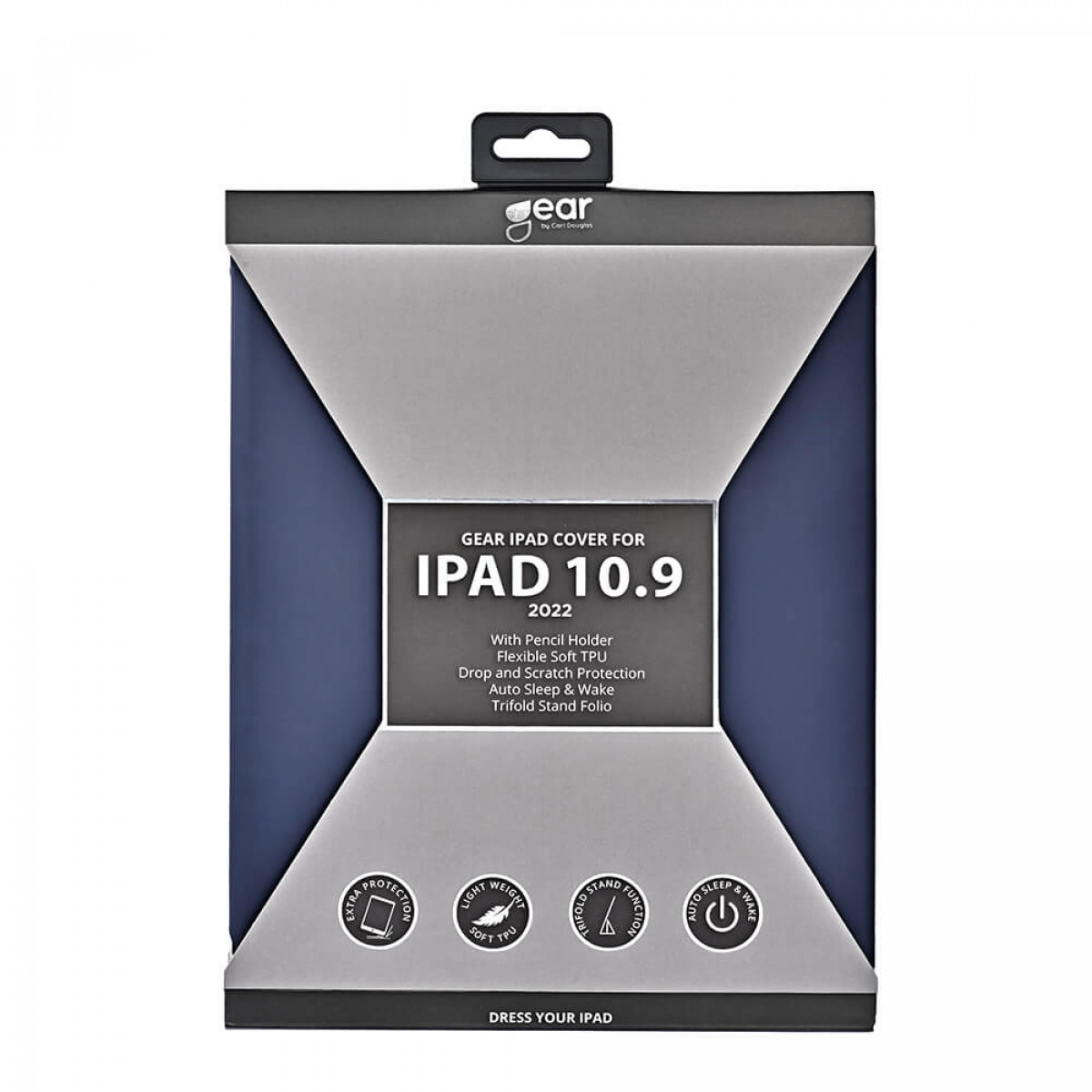 Eine schwarze und blaue iPad-Cover-Verpackung mit Text.
