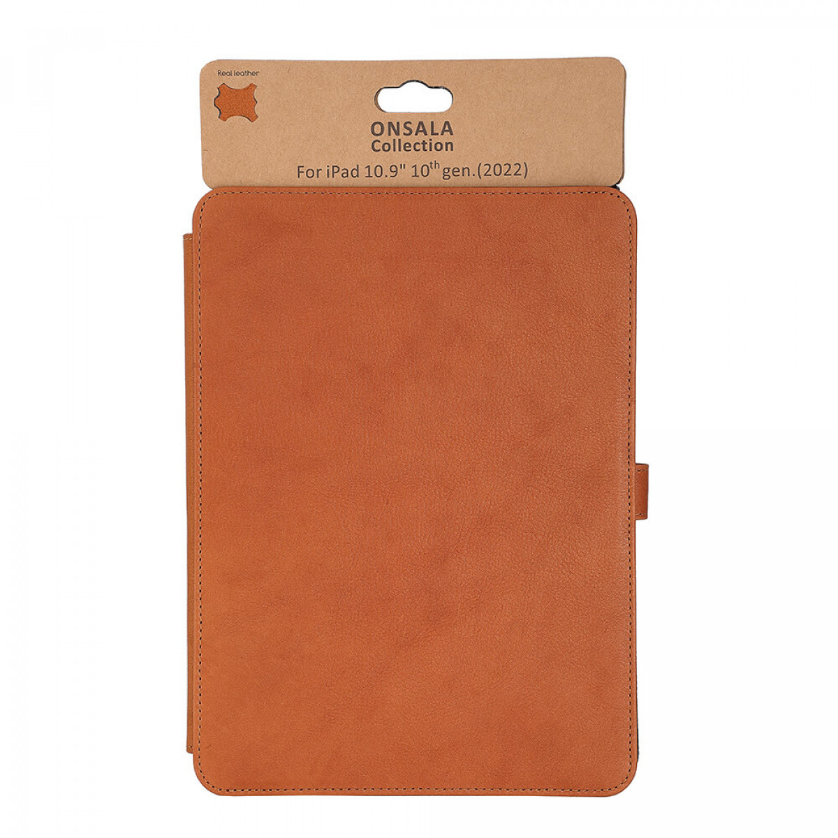 Braune iPad-Lederhülle mit Aufschrift 'ONSALA Collection For iPad 10.9" gen.(2022)'.