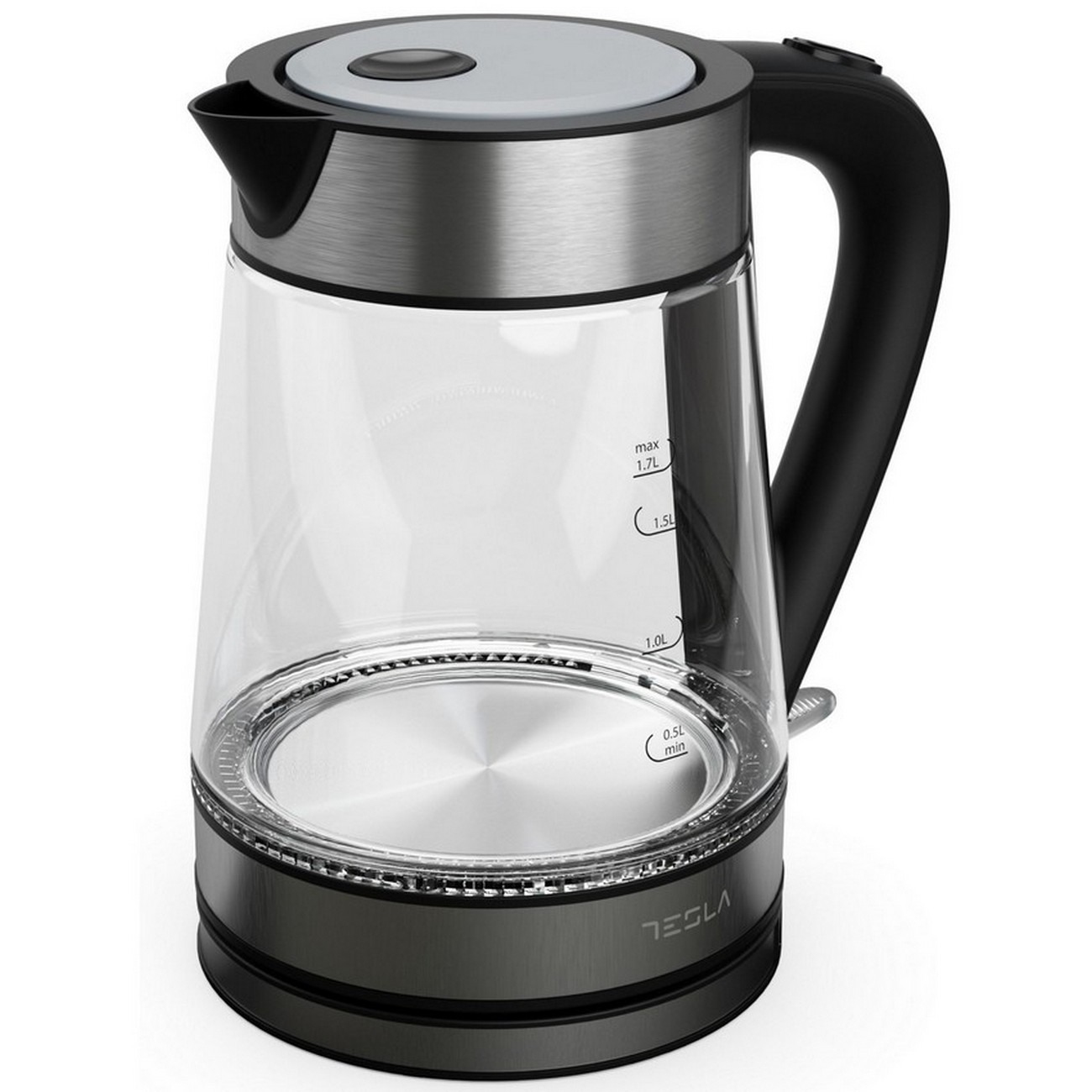 Szklany i metalowy czajnik elektryczny ze wskaźnikami poziomu wody i czarnym uchwytem.