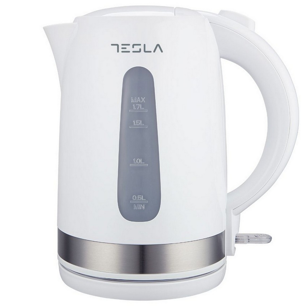 Biały czajnik elektryczny z szarym wskaźnikiem poziomu wody.