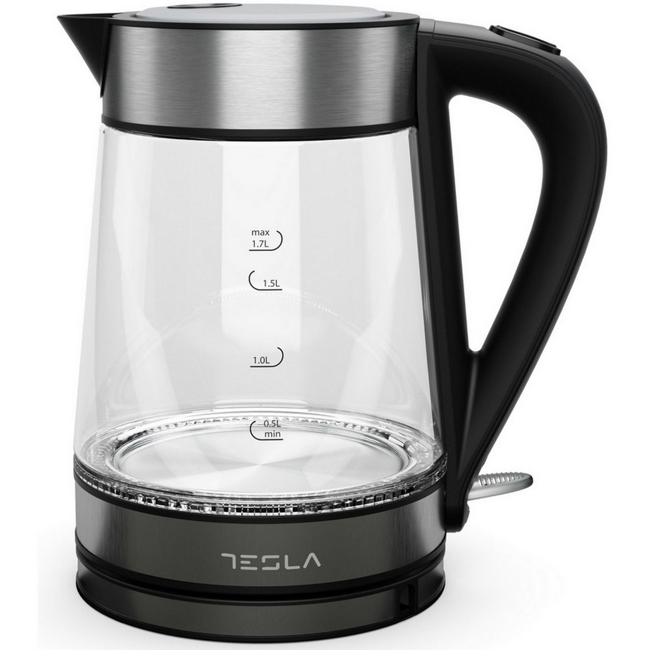 Szklany czajnik elektryczny z czarnym uchwytem i podstawą, pokazujący poziomy wody.
