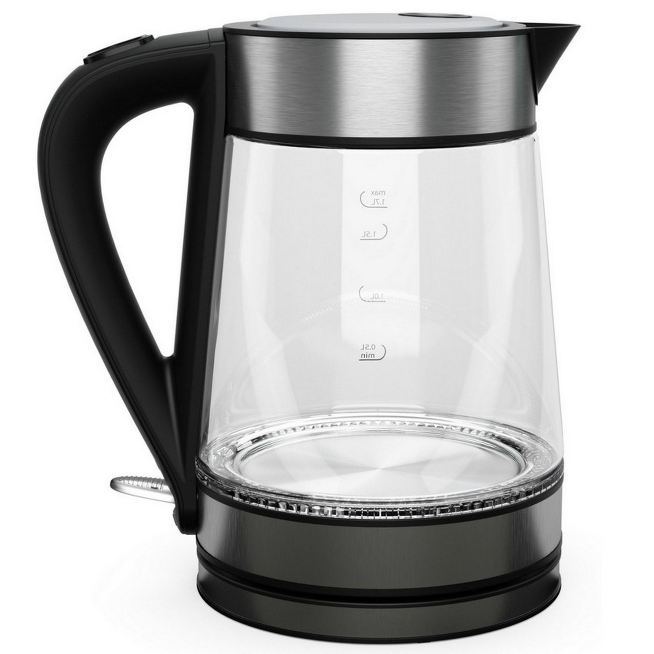 Przezroczysty szklany czajnik elektryczny, czarny uchwyt i srebrne akcenty na białym tle.