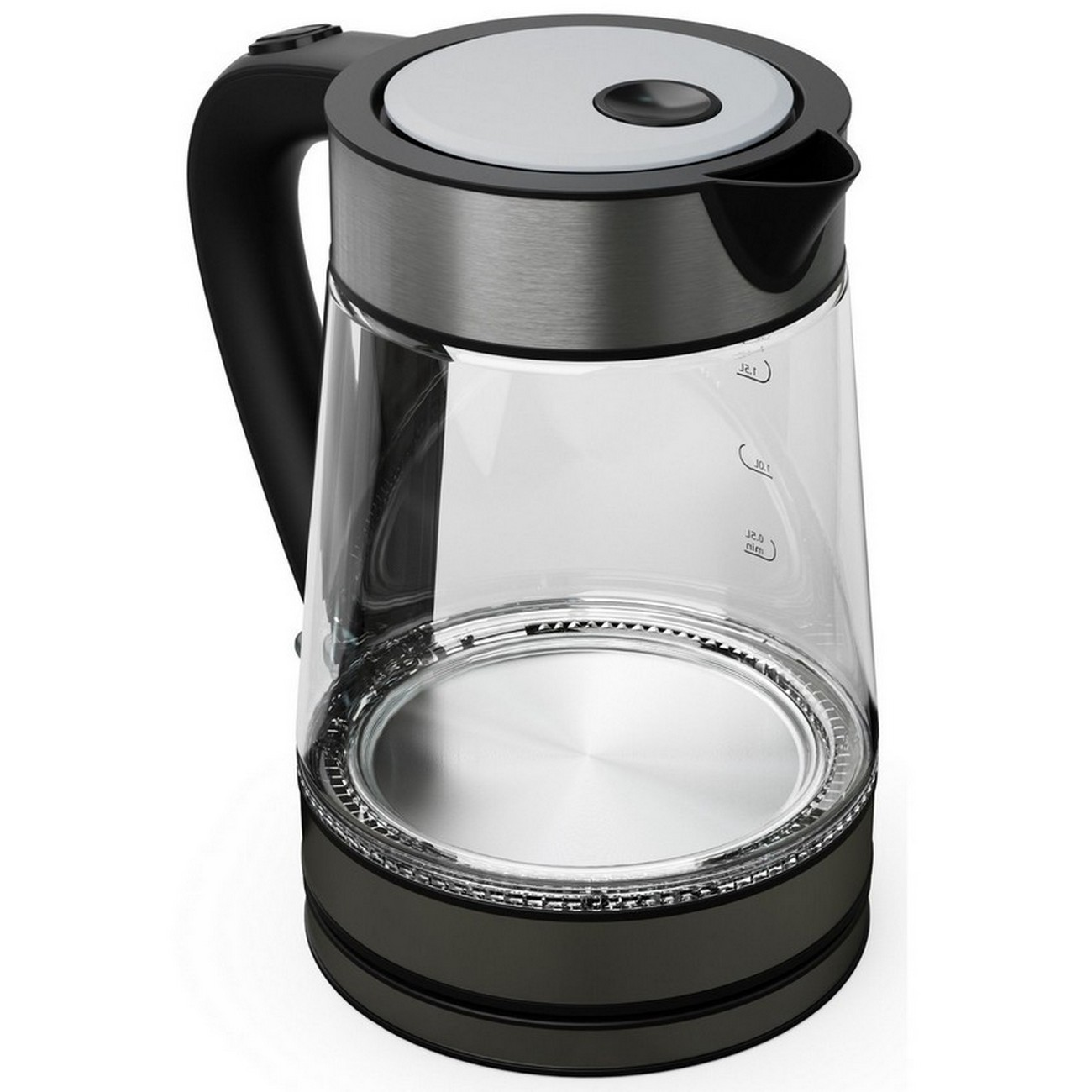 Szklany czajnik elektryczny z czarnym uchwytem i podstawą. Tło jest białe.