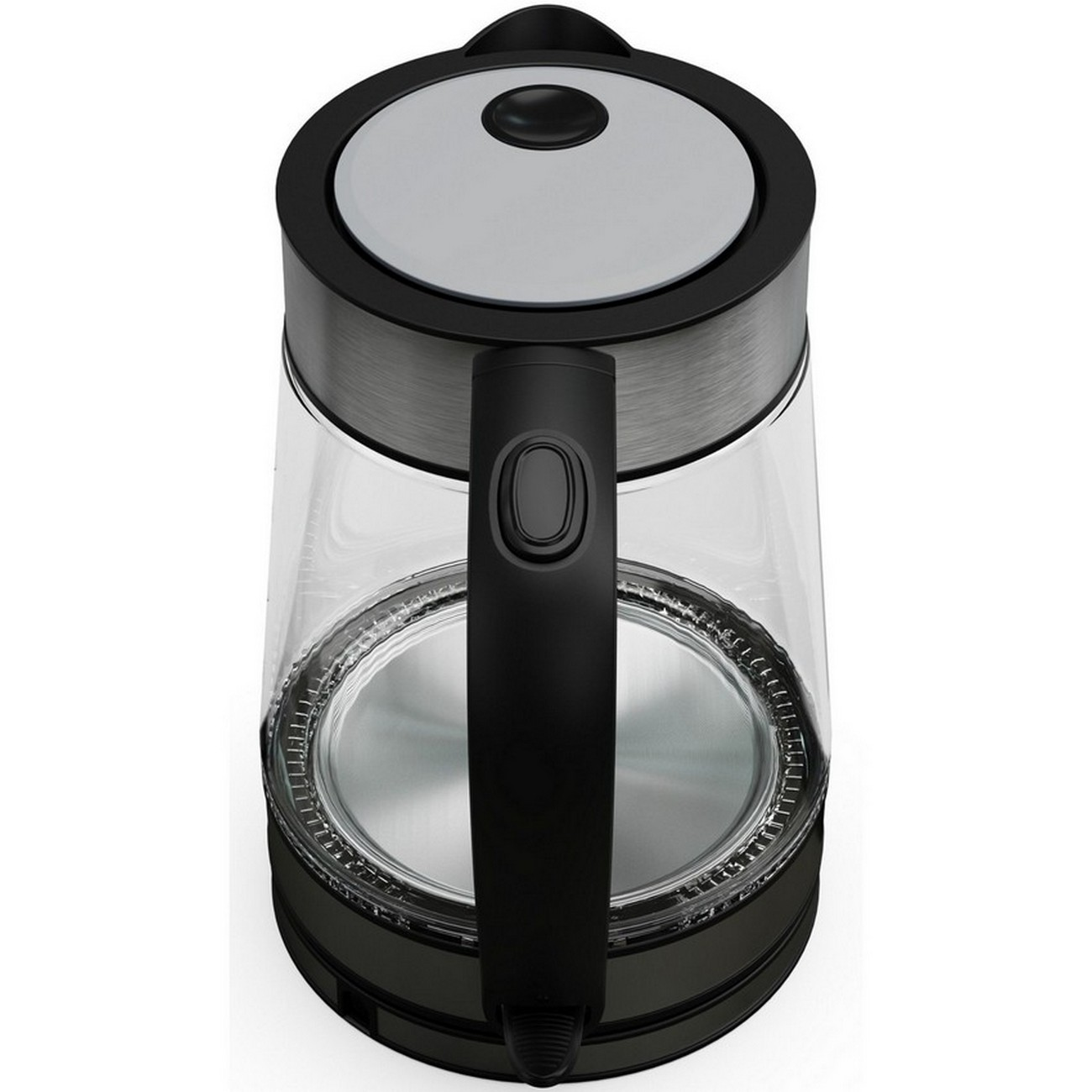 Widok z góry na przezroczysty szklany czajnik elektryczny z czarnymi akcentami. Białe tło.