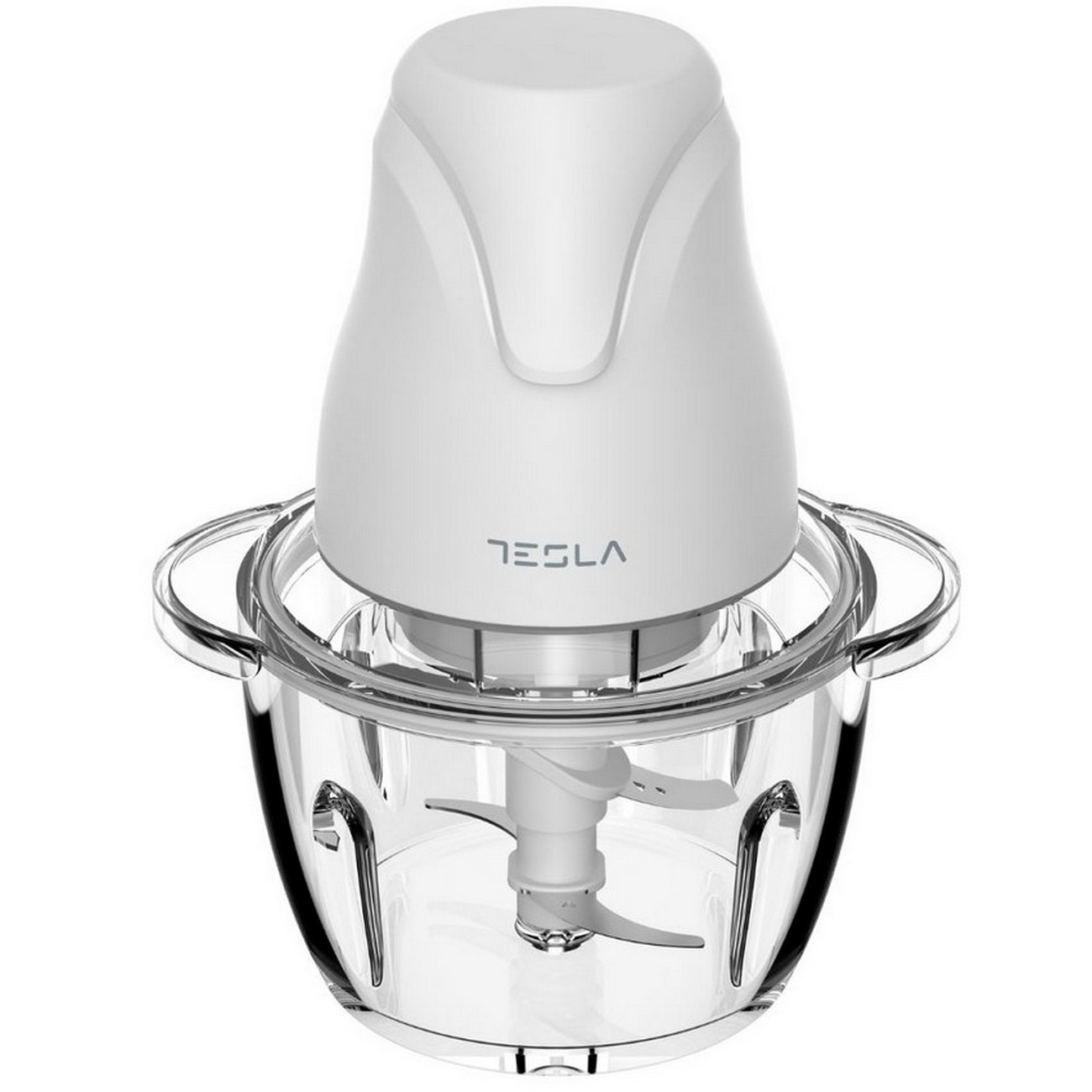 Tritatutto Tesla bianco con ciotola trasparente, mostra la lama.