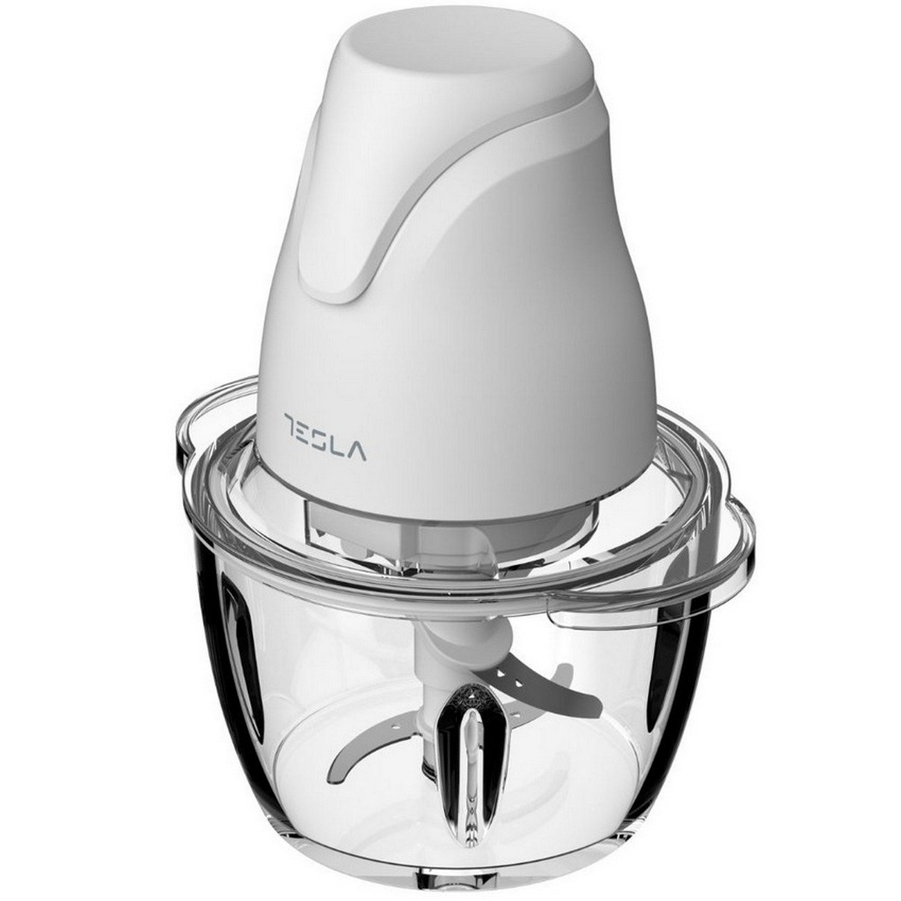 Robot da cucina Tesla bianco con una ciotola trasparente.