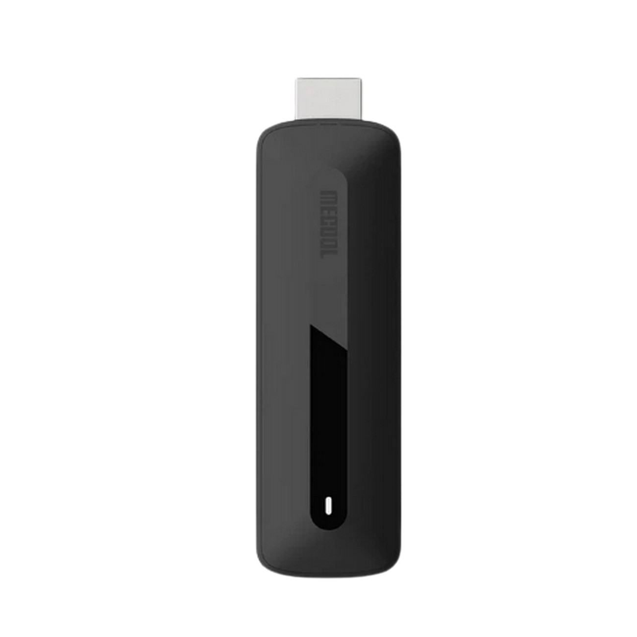 Stick de streaming negro y rectangular con conector USB. MECOOL impreso en el lateral.