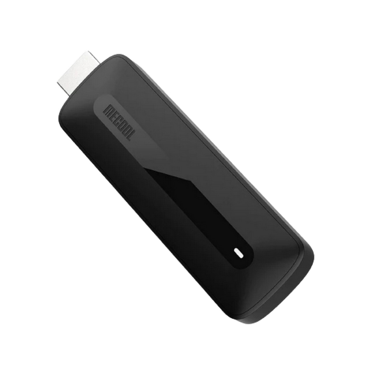 Dispositivo de transmisión MECOOL negro. Puerto USB-C visible. Vista en ángulo sobre fondo blanco.