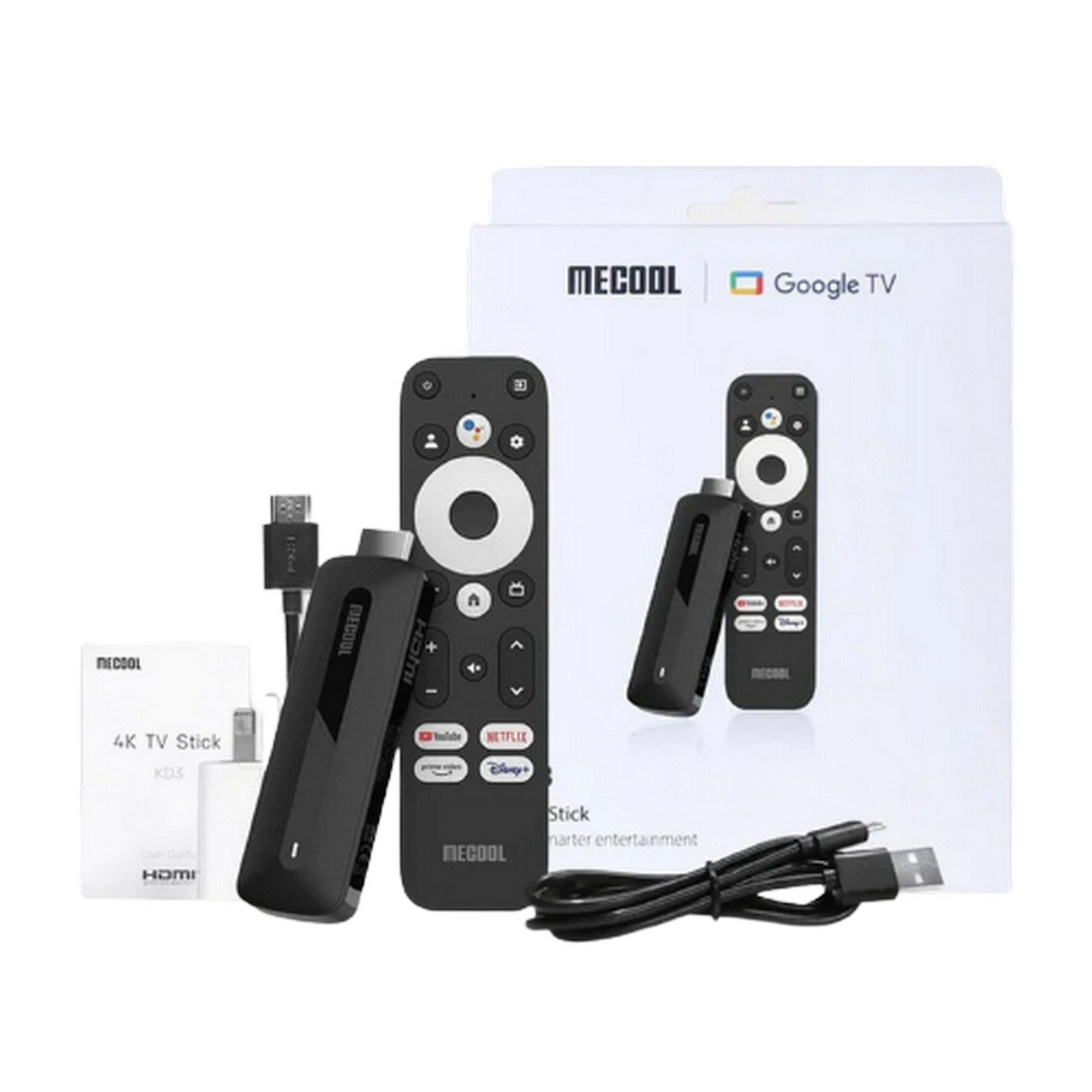 MECOOL Google TV stick con mando a distancia, cables y adaptador de corriente, todo dispuesto sobre una superficie blanca.