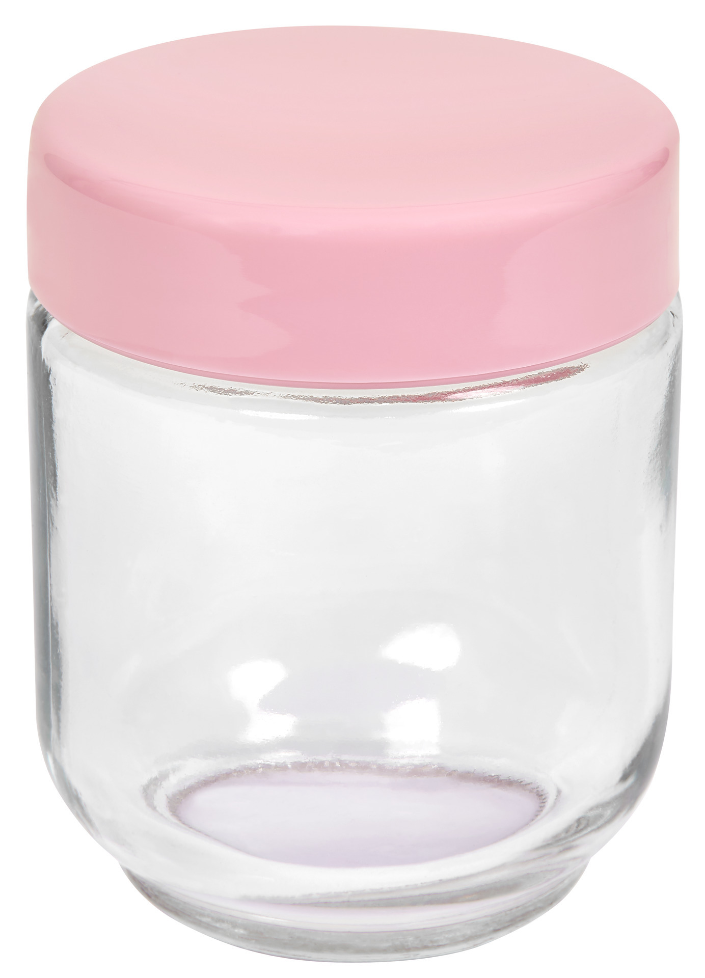 Klares Glas mit pinkfarbenem Deckel. Weißer Hintergrund.
