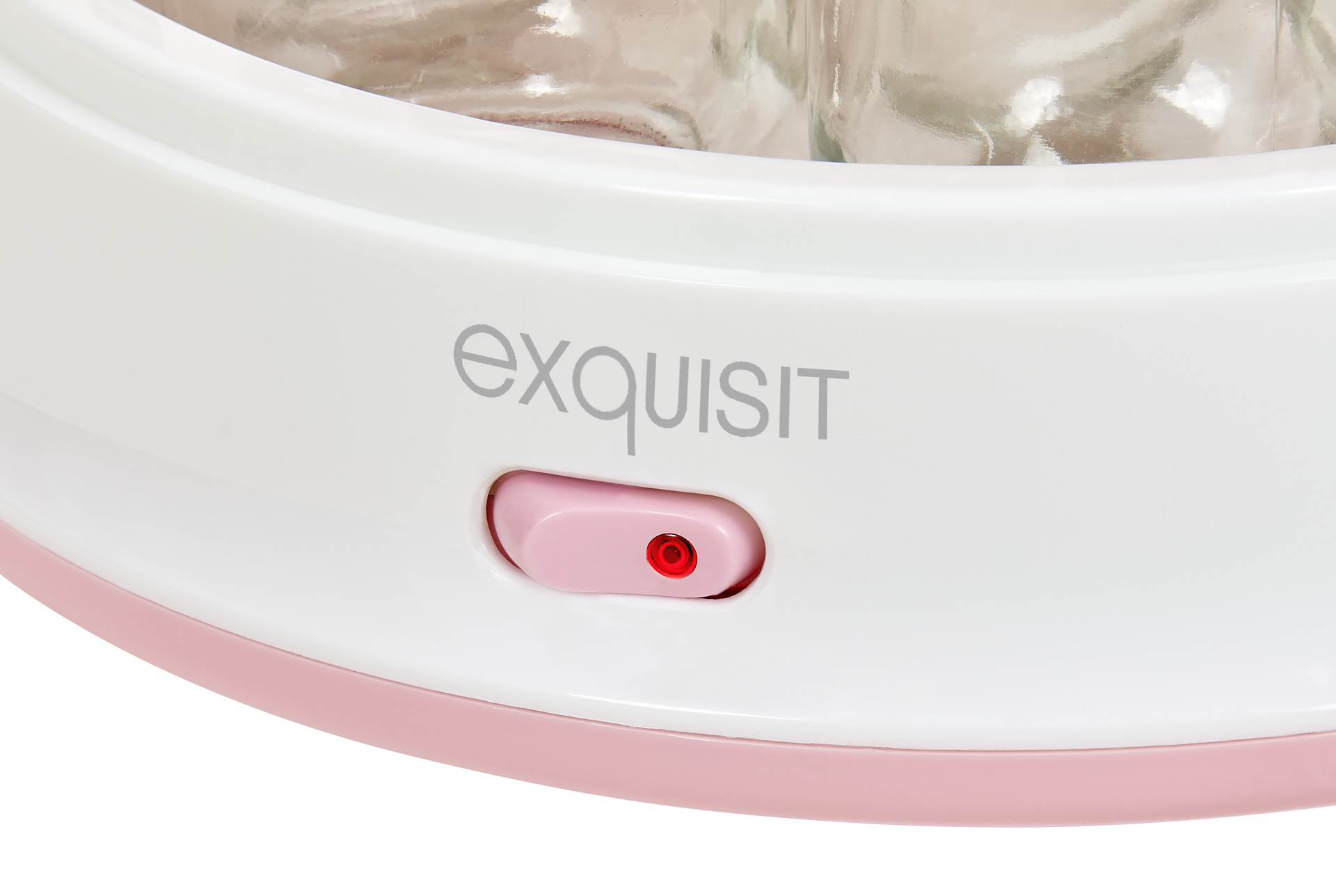 Weißes und rosa Gerät mit 'exquisit'-Logo und rotem Ein-Aus-Schalter.