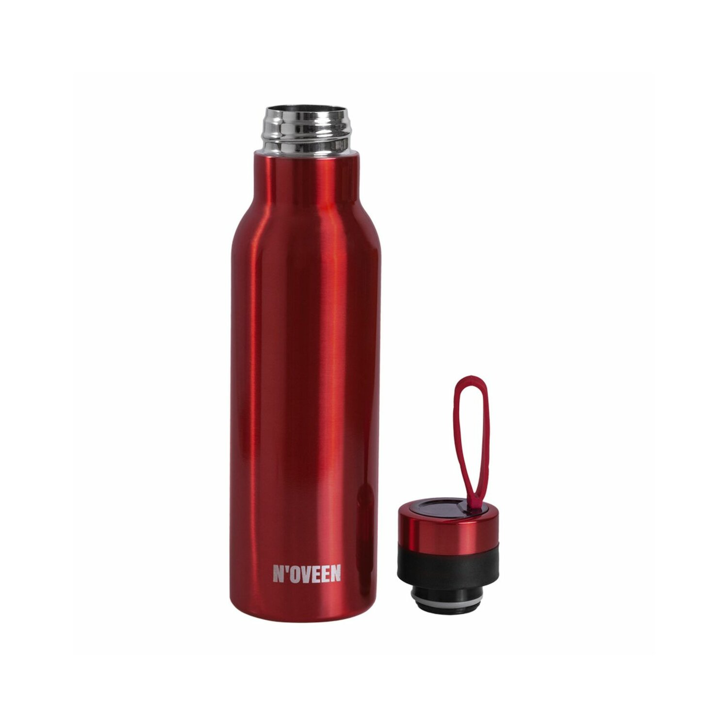 Rote metallische Wasserflasche mit silbernem Deckel und schwarzem Verschluss, Name N'OVEEN.