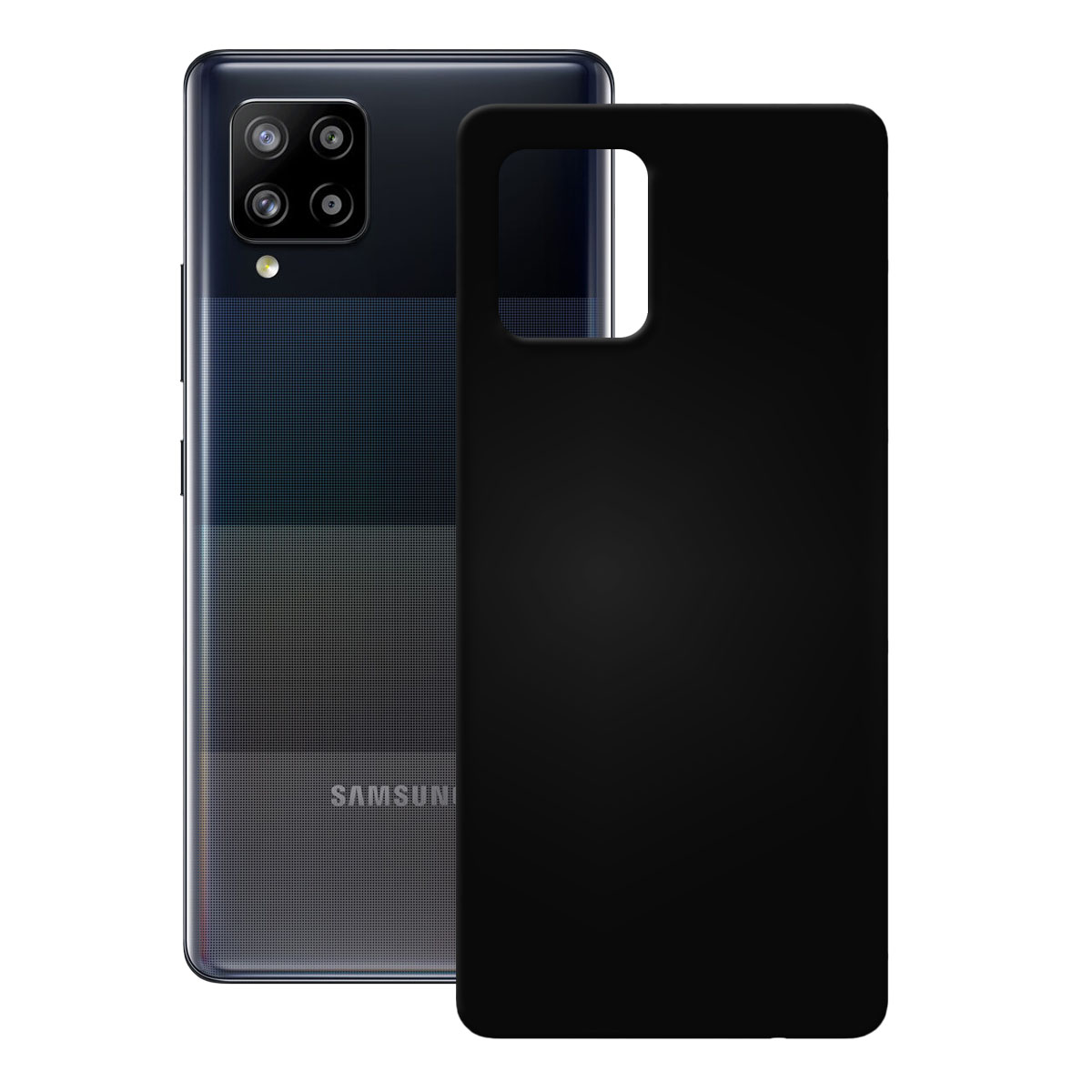 Schwarzes Samsung-Telefon mit schwarzer Hülle. Die Handykamera befindet sich auf der Rückseite. Die Hülle hat einen Kameraausschnitt.