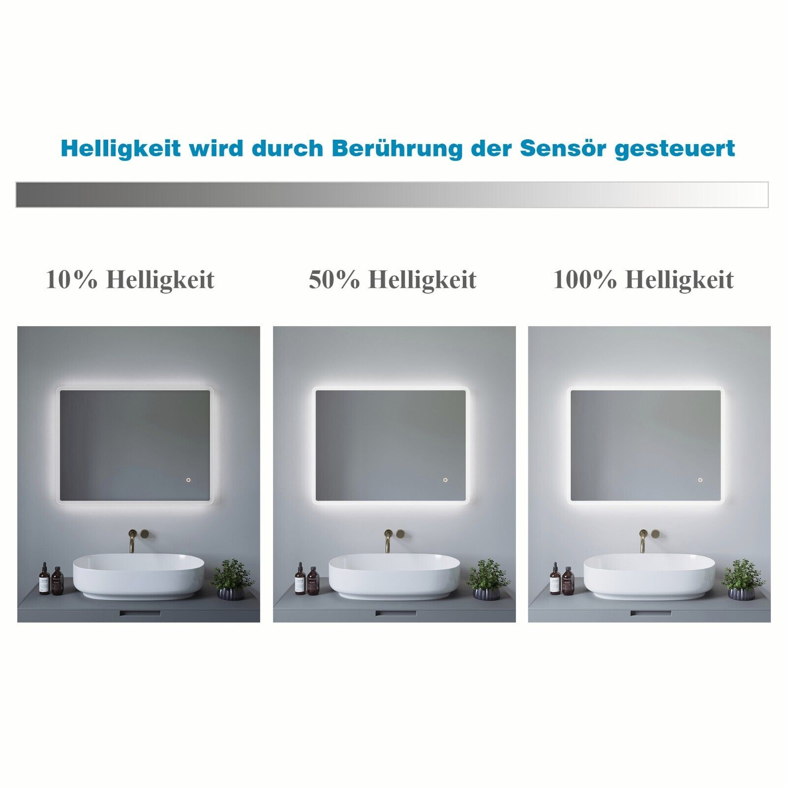Drei beleuchtete Spiegel in einem Badezimmer, die Helligkeitsstufen zeigen.