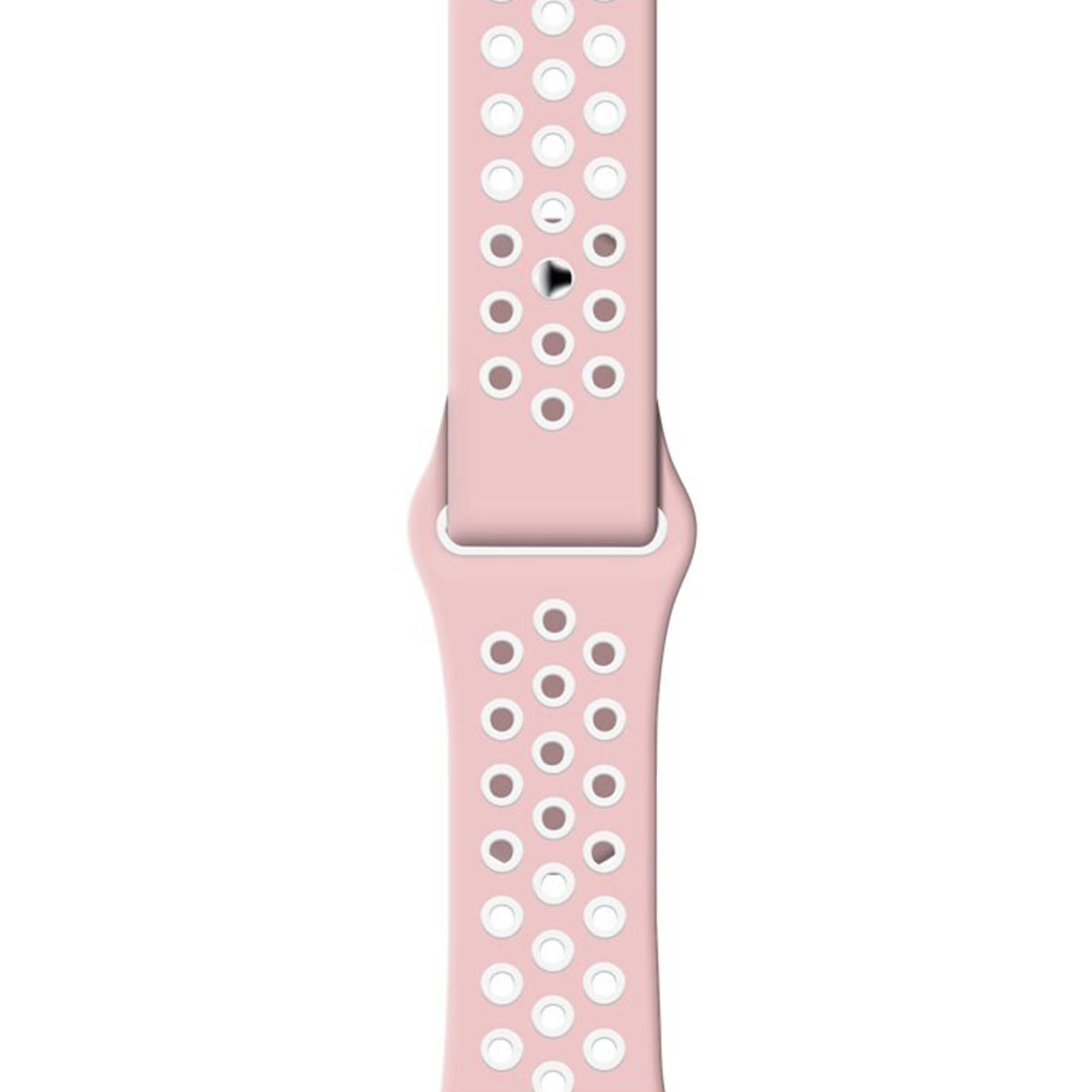 Correa rosa de Apple Watch con agujeros perforados. La correa está en una toma de primer plano. Fondo blanco.