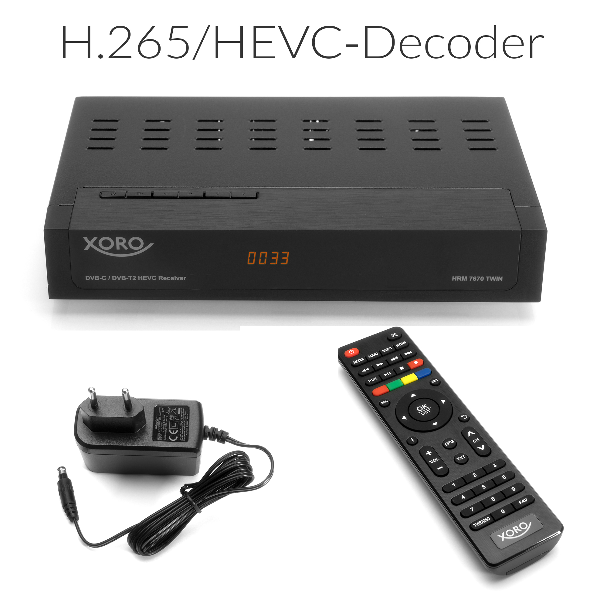 Ein schwarzer H.265/HEVC-Decoder mit Fernbedienung und Netzteil.