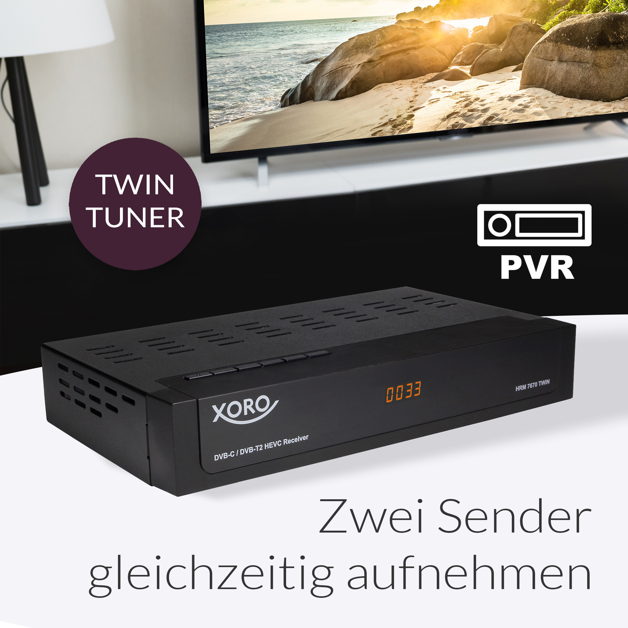 Ein schwarzer Receiver mit der Aufschrift XORO, PVR und Twin Tuner. Aufnahme von zwei Sendern.