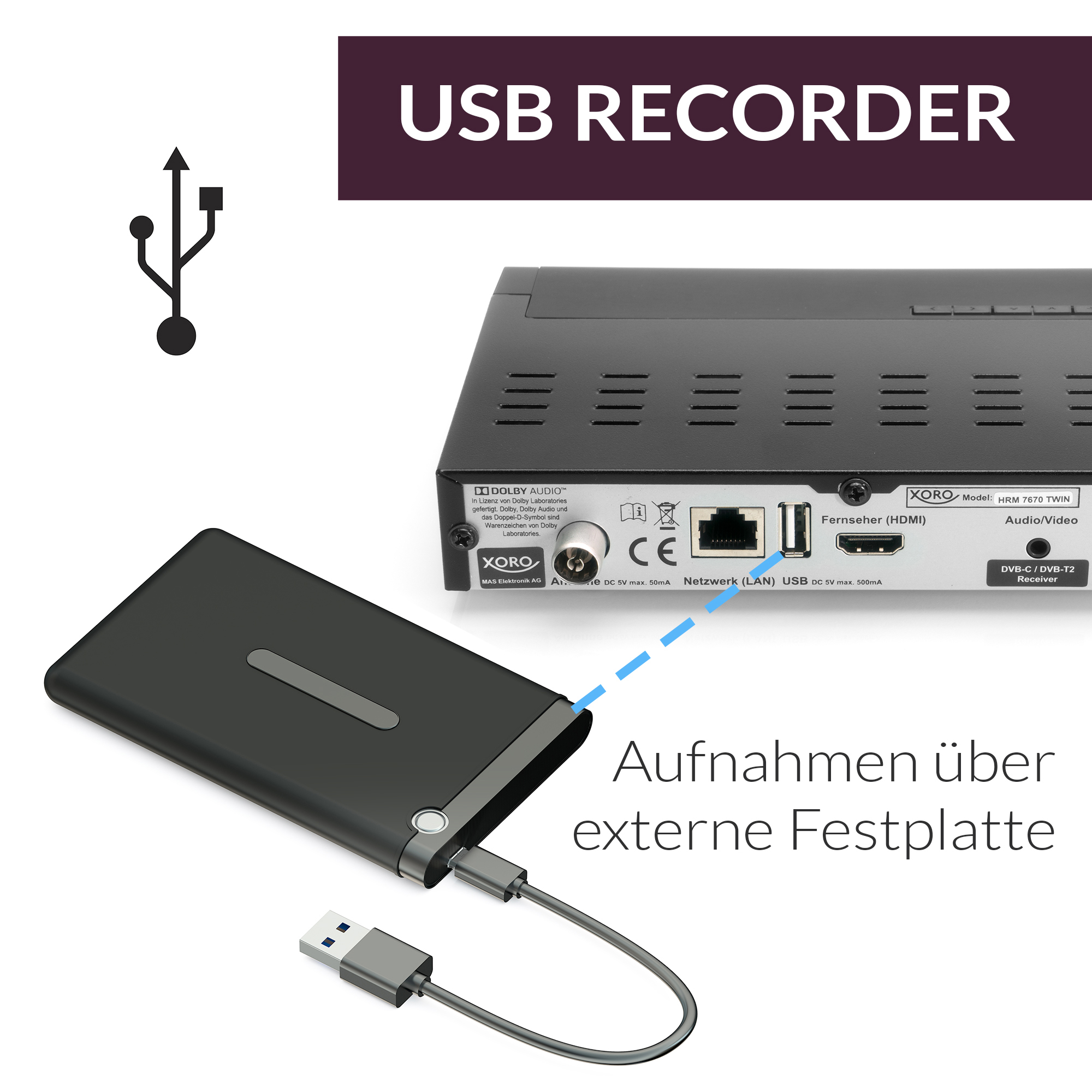 Ein USB-Recorder mit externer Festplatte und Kabeln.