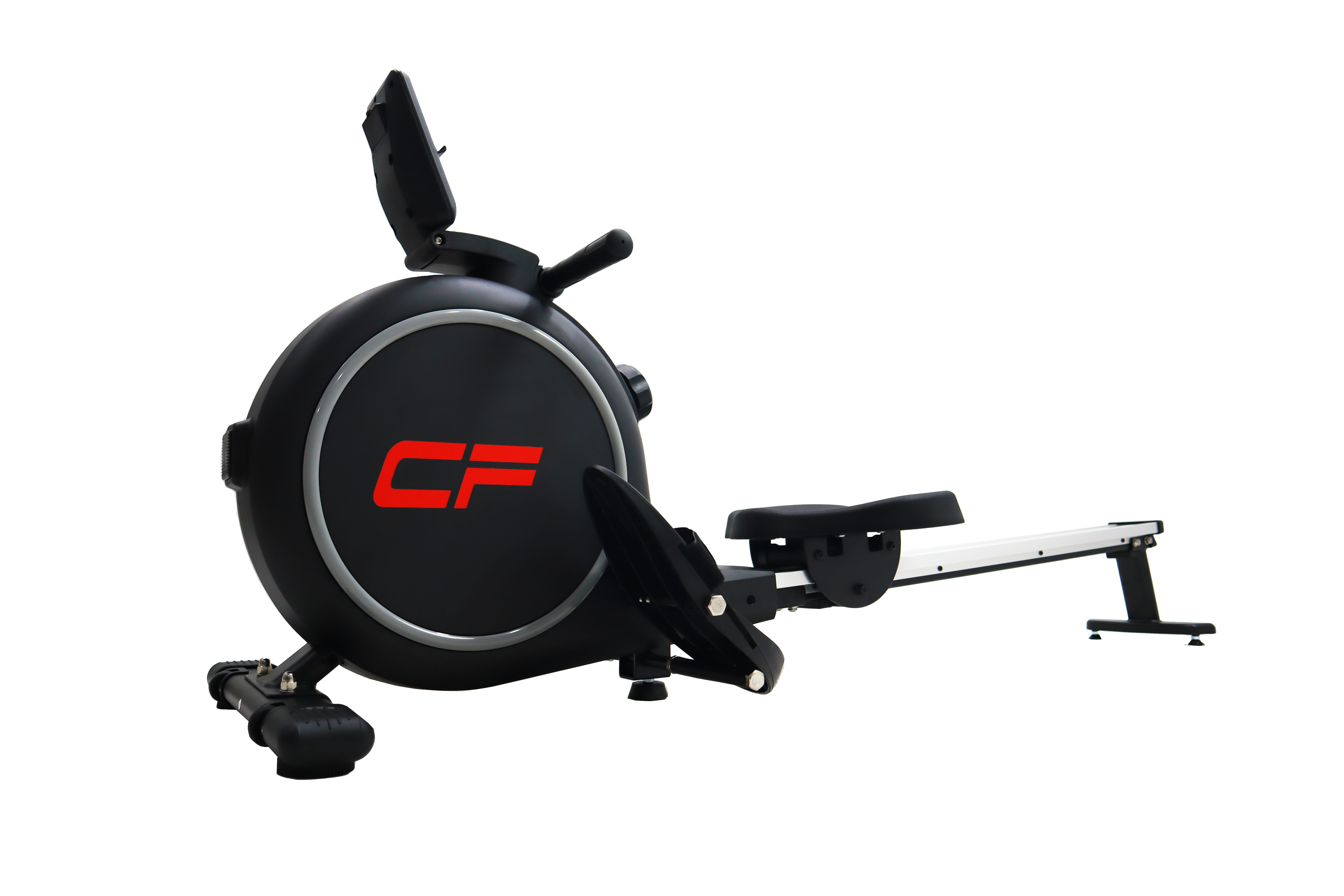 Schwarze Rudermaschine mit rotem CF-Logo auf schwarzem Hintergrund.