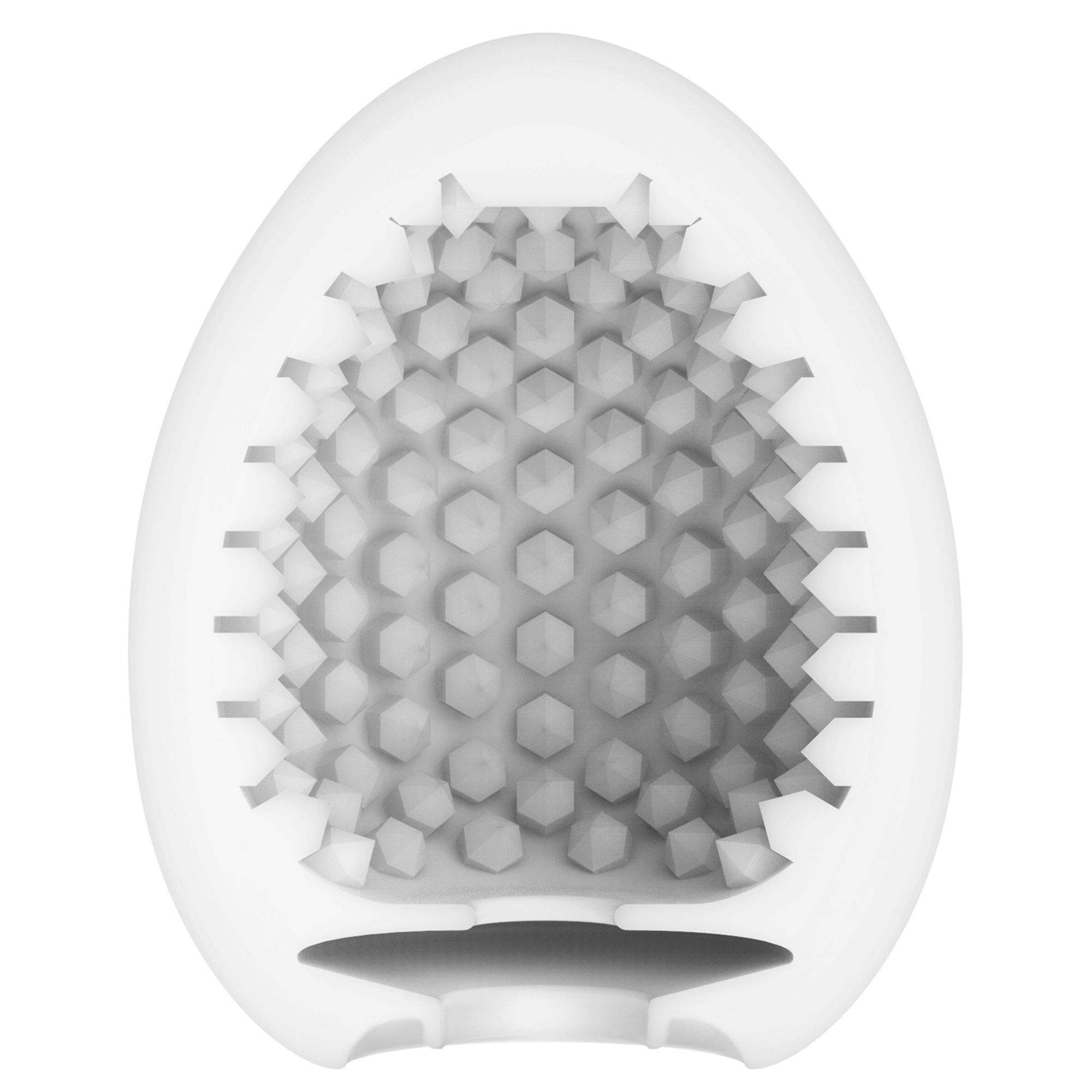 Objeto blanco en forma de huevo con interior texturizado. Tiene una base.